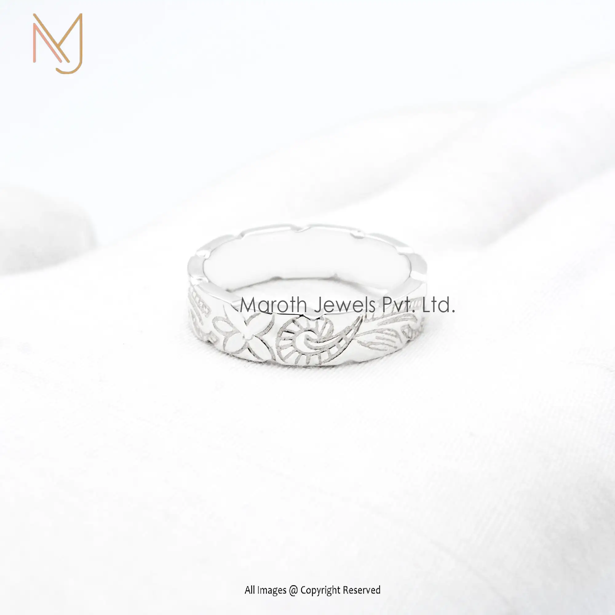 14K White Gold Man's Engraved Design Ring Handmade Jewelry Manufacturer