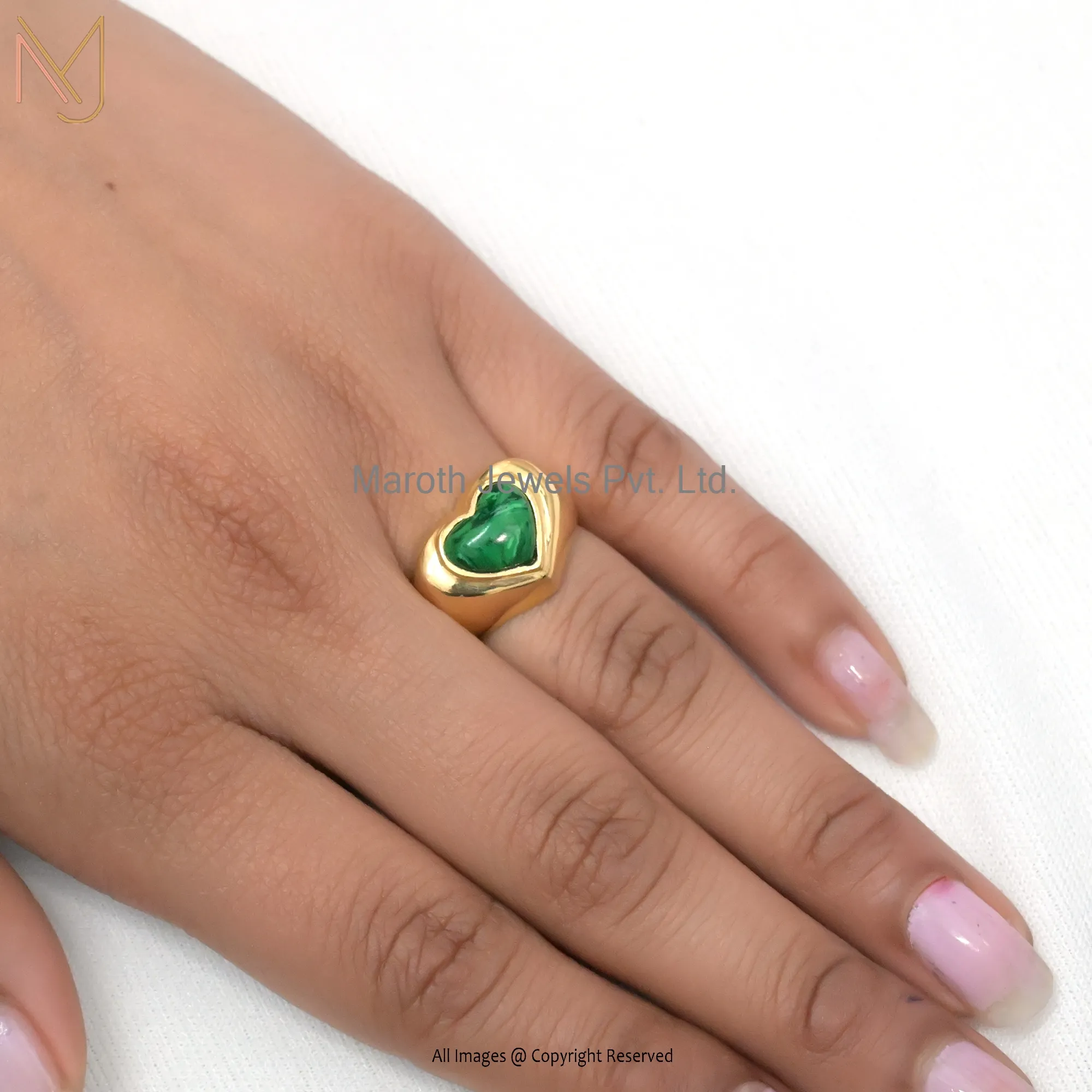 925 Silver Yellow Gold Plated Malachite Heart Signet Ring Custom Jewelry