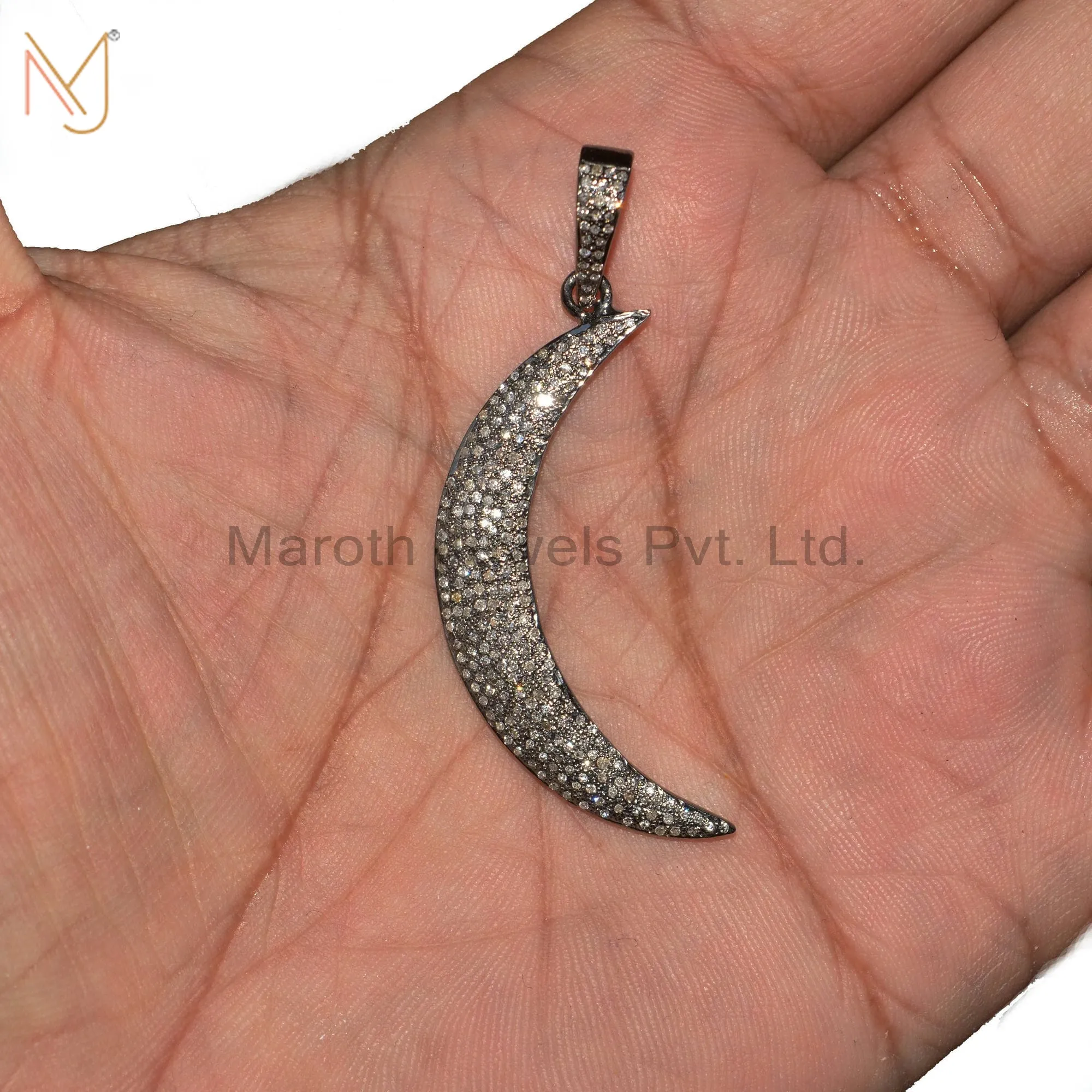 925 Silver Black Rhodium Plated Pave Diamond Half Moon Pendant Jewelry Manufacturer