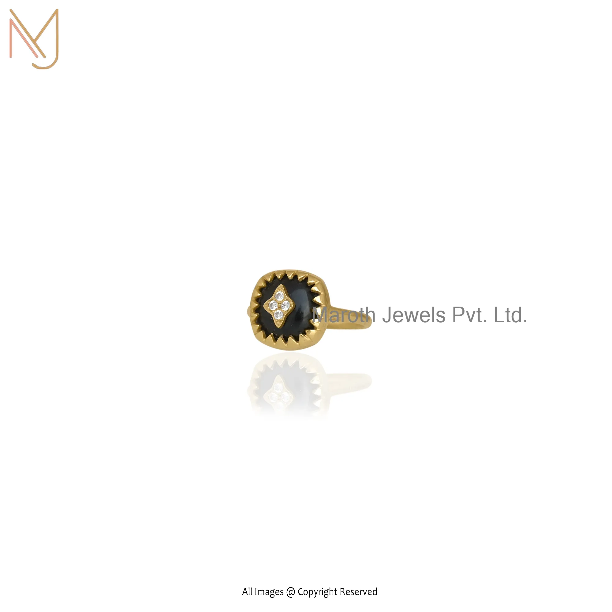 925 Silver Yellow Gold Plated Black Onyx White Cubic Zircoina Minimalist Ring Jewelry Supplier