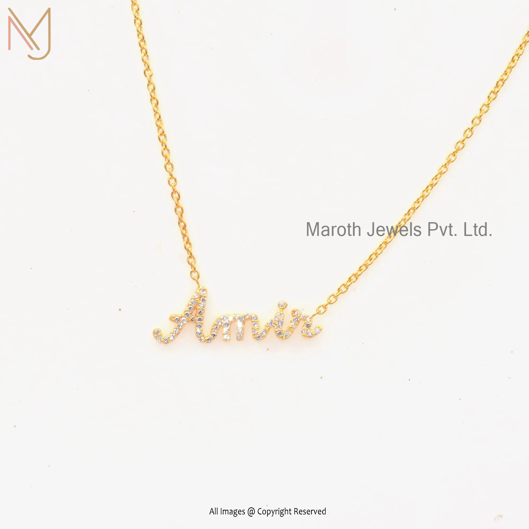 14K Yellow Gold Amir Cursive Letters With Cubic Zircon Necklace Jewelry Supplier