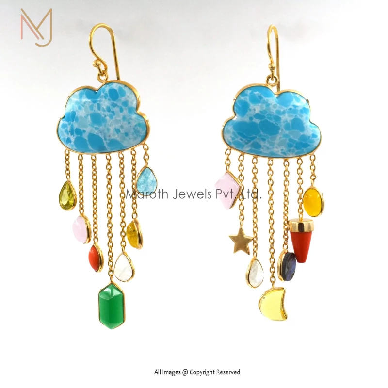 14K Gold Big Stone chrysoprase & Small Stone Same As Image Multi Gemstone Cloud Earrings Manufacturer