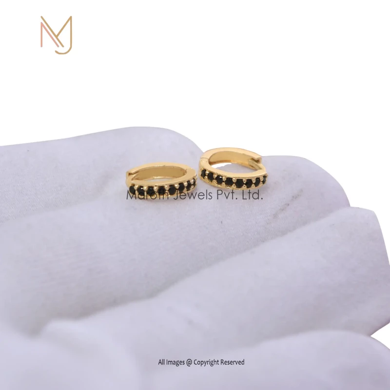 14K Yellow Gold Black Diamond Huggies Earrings Jewelry Manufacturer