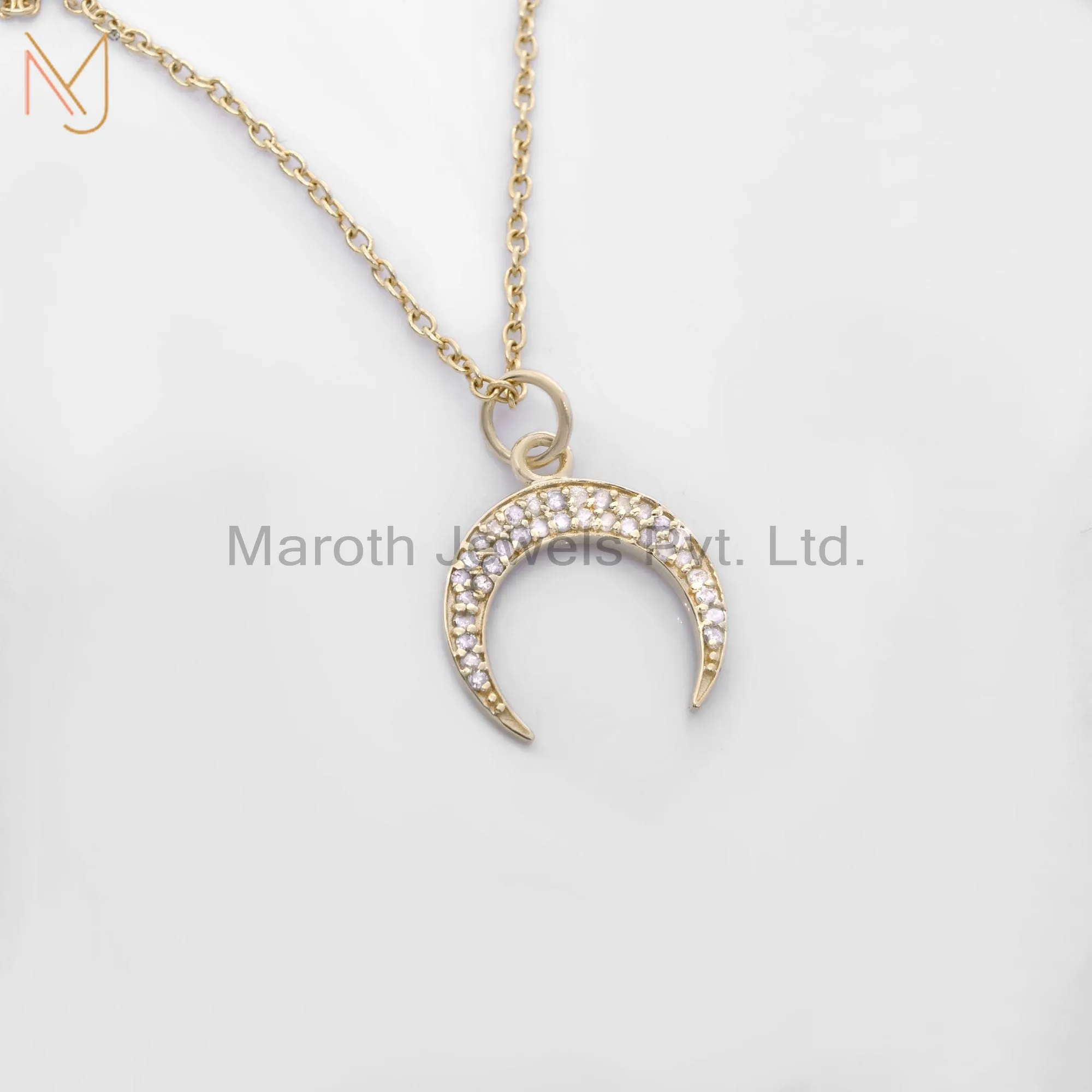 14K Yellow Gold Pave Diamond Crescent Charm Pendant Custom Jewelry