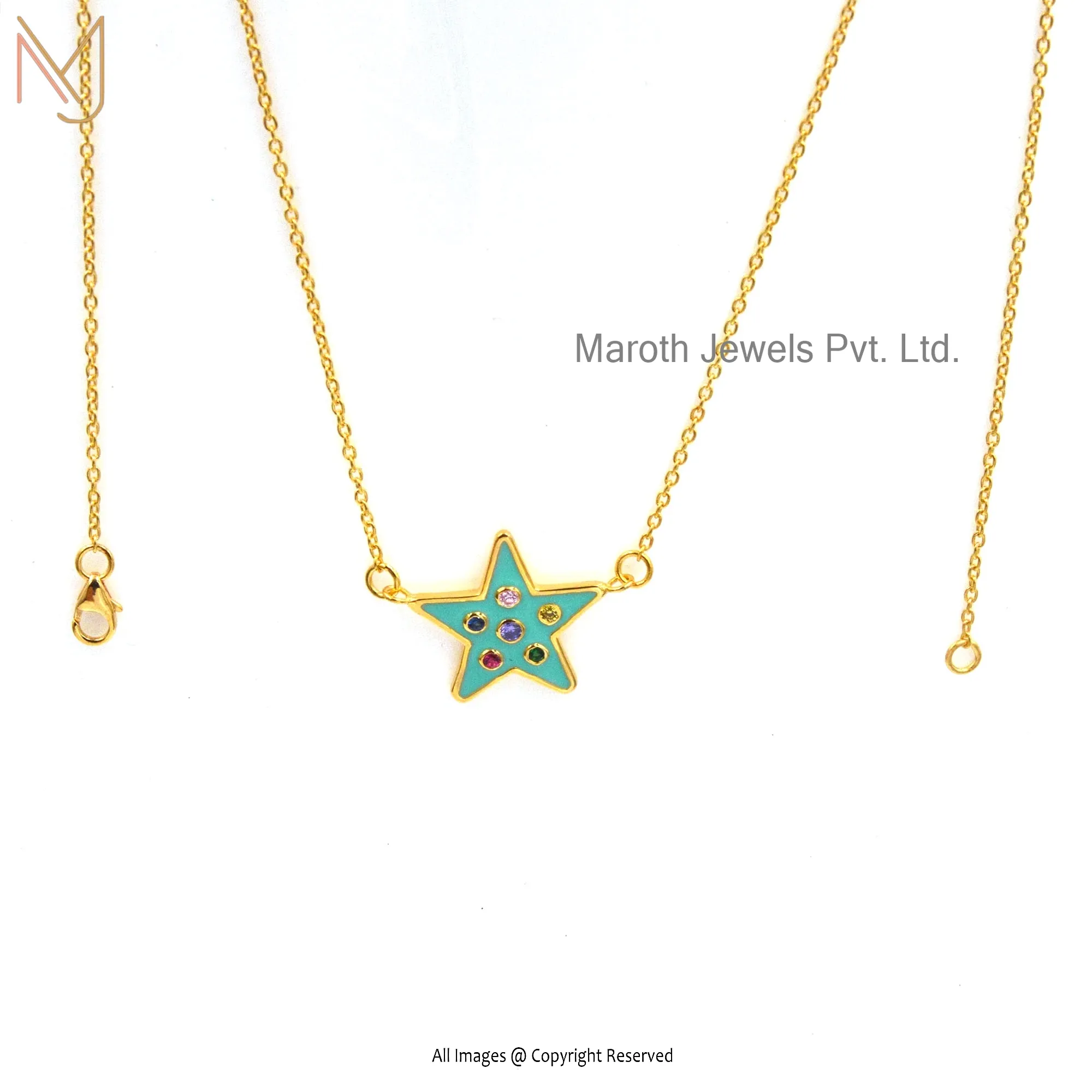 14K Yellow Gold Green Enamel & Multi Gemstone Star Necklace Manufacturer