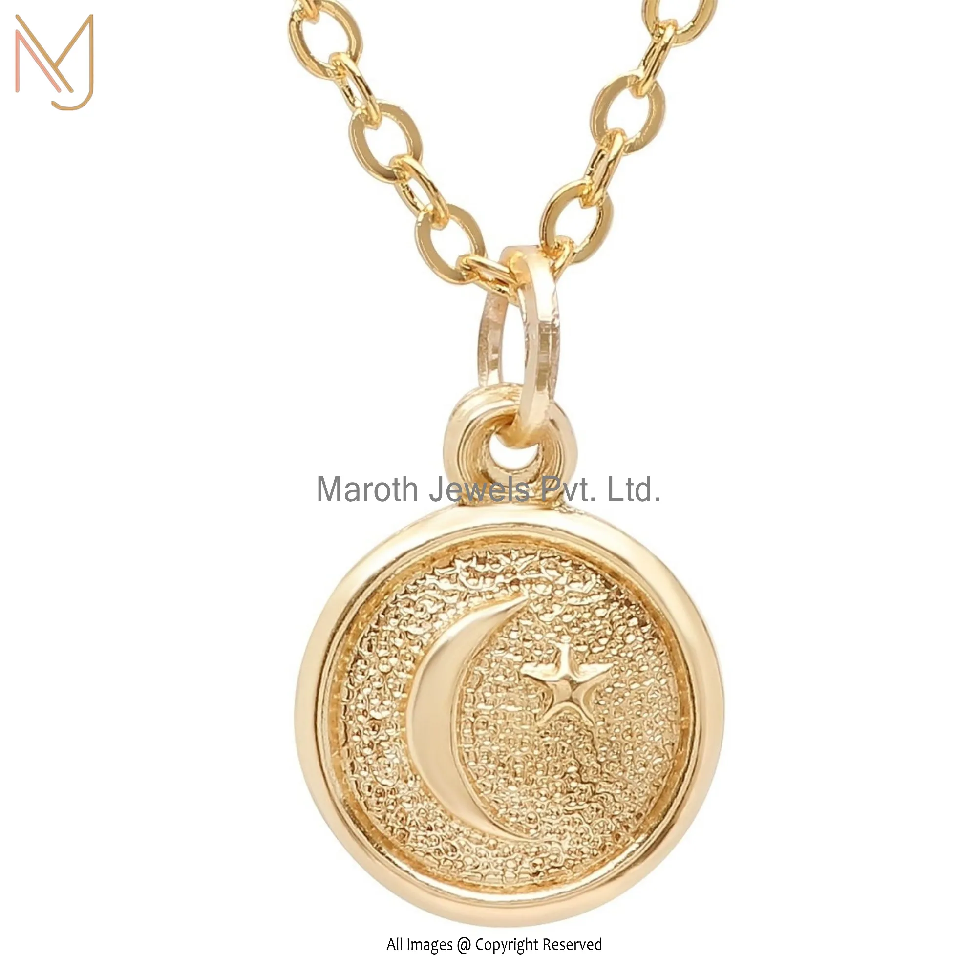 14K Yellow Gold Circle Disc Star & Moon Pendant Necklace Manufacturer