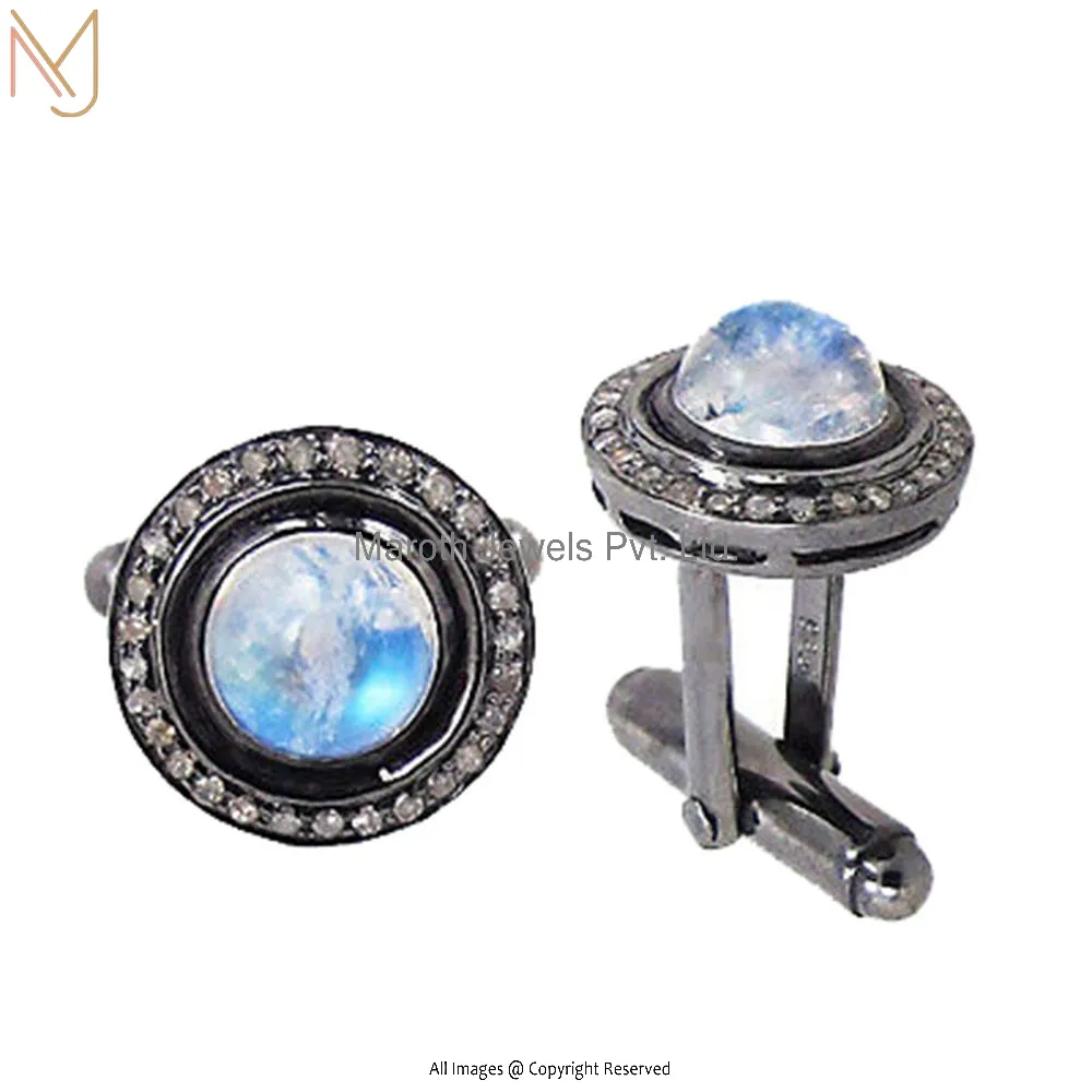 Wholesale 925 Sterling Silver Rainbow Moonstone Studded Diamond Gemstone Cufflinks Jewelry