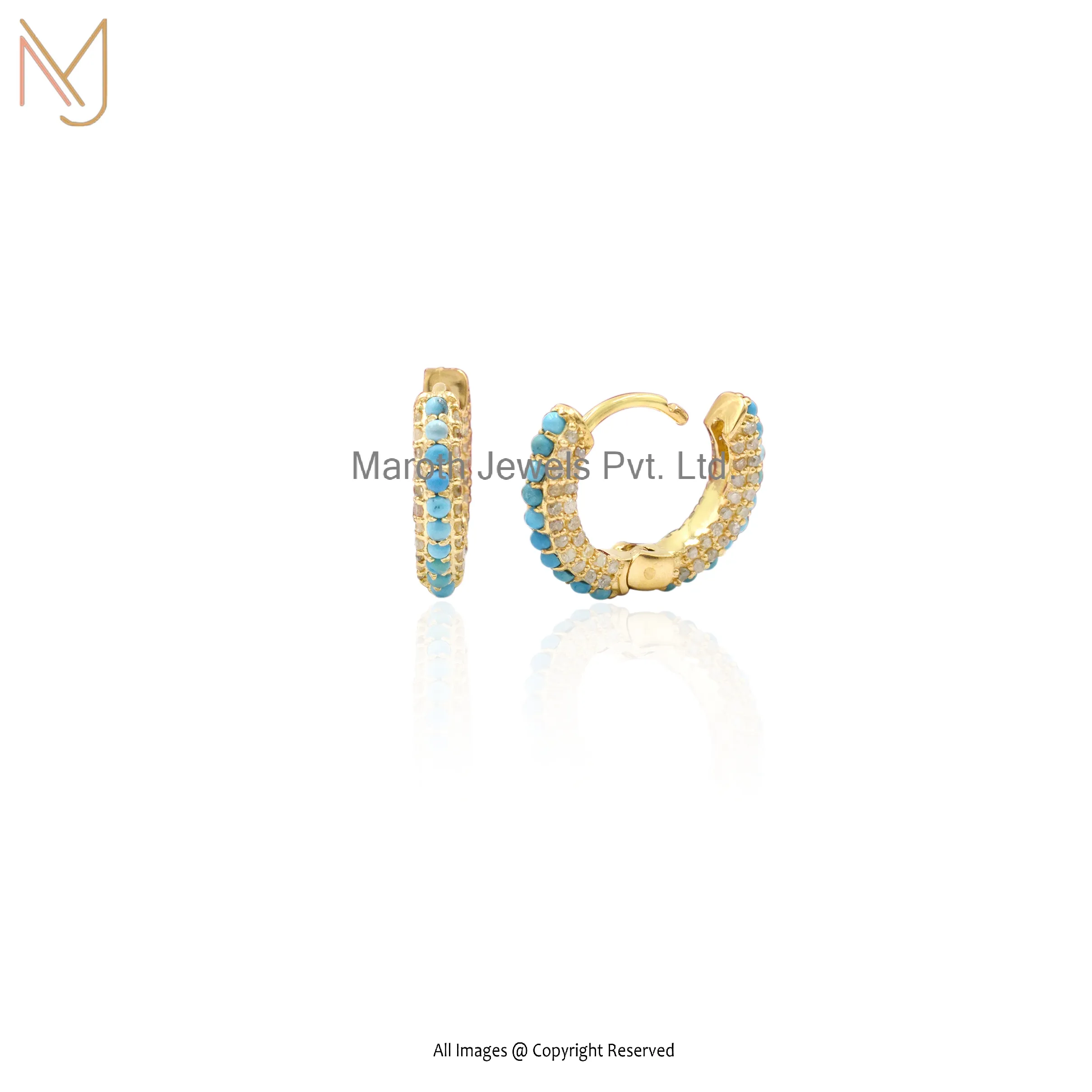 14K Yellow Gold Pave Diamond & Turquoise Huggies Earring Jewelry Manufacturer