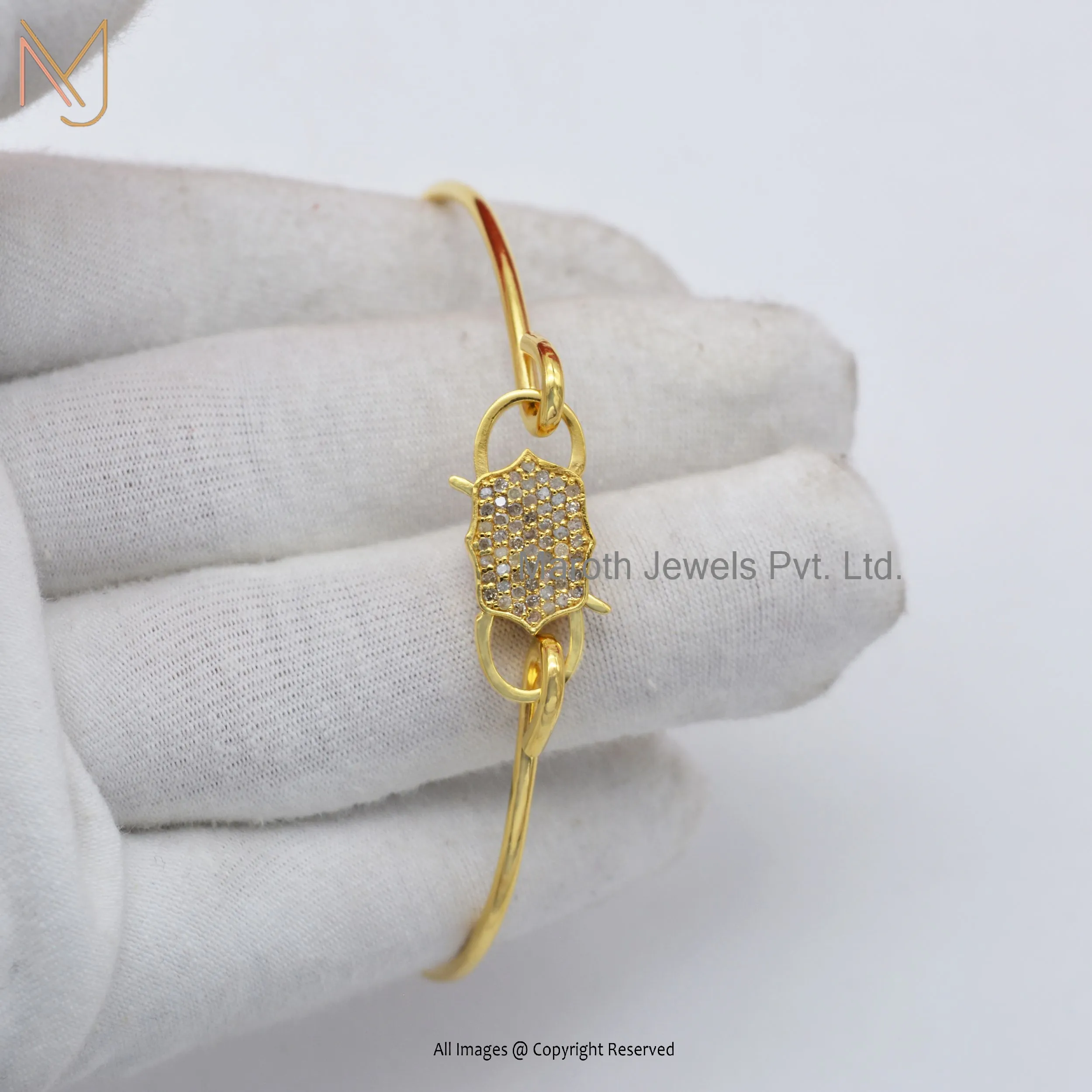 14K Yellow Gold Pave Diamond Padlock Cuff Bangle Vintage Jewelry Manufacturer