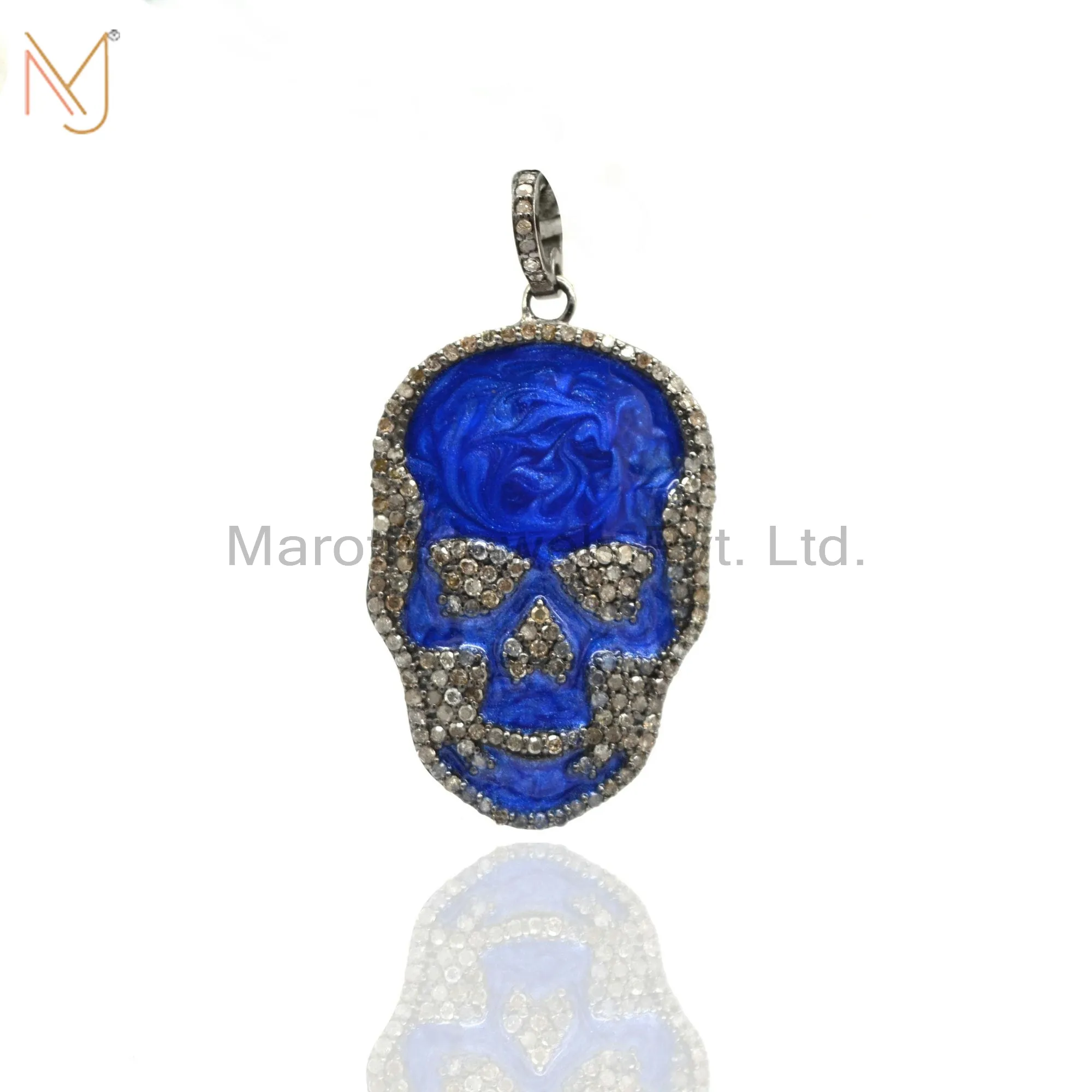 925 Sterling Silver Pave Diamond Blue Enamel Skull Design Pendant Custom Jewelry