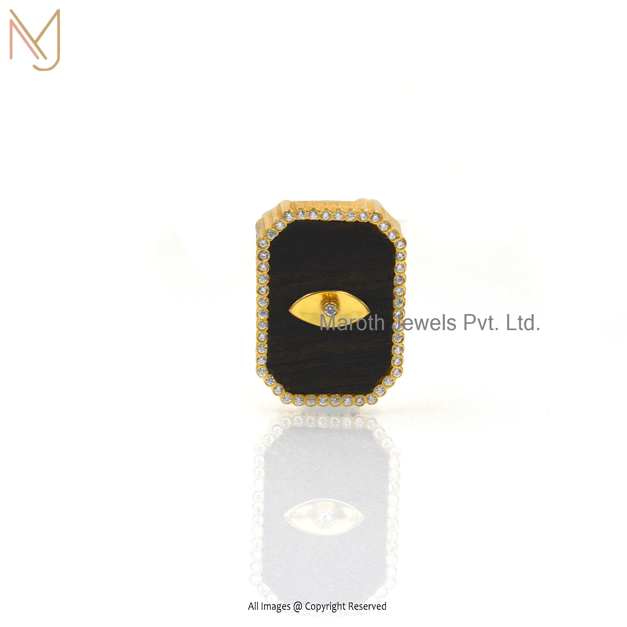 925 Silver Yellow Gold Cubic Zircon Black Enamel Ring Manufacturer