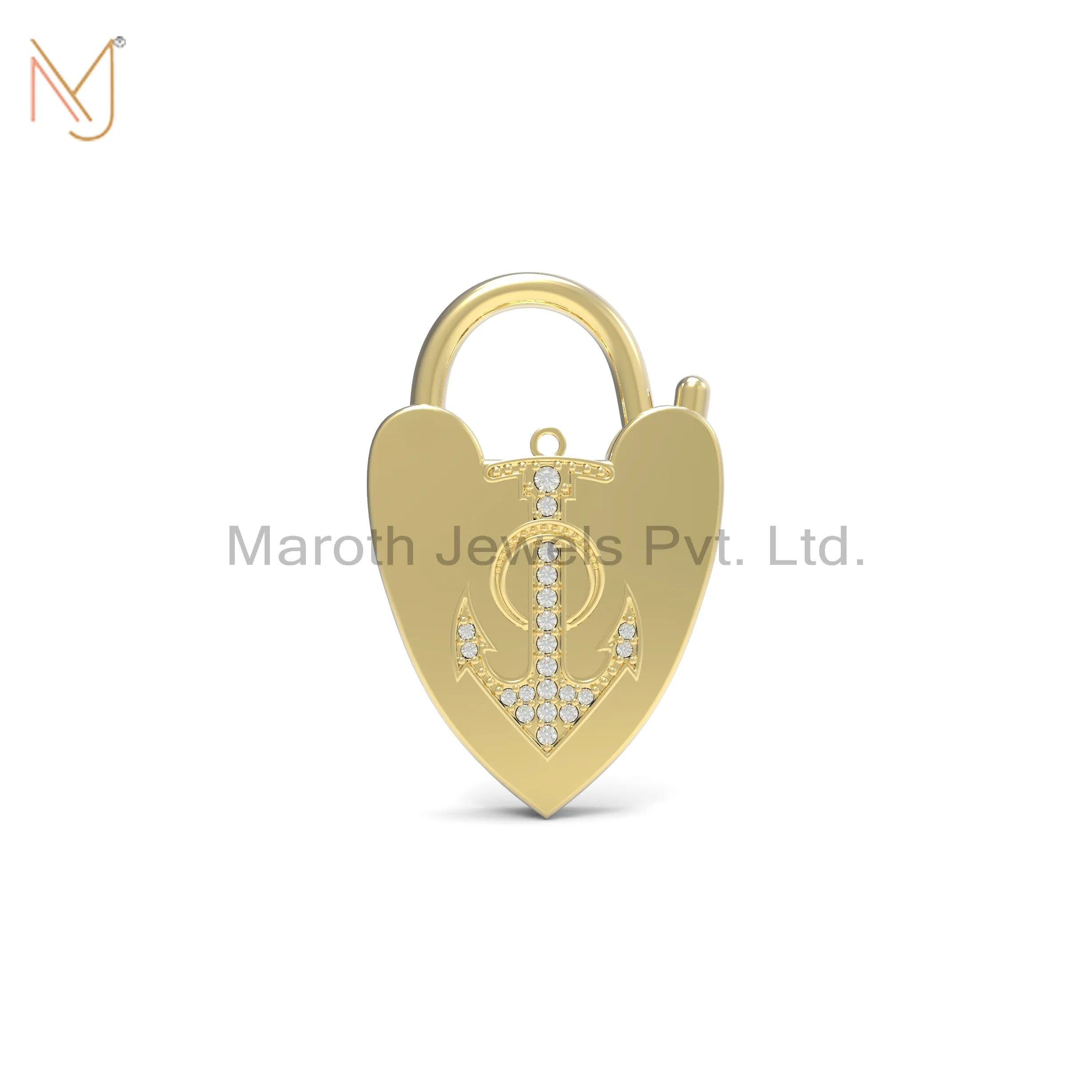 14K Yellow Gold Plated Diamond Heart Padlock Pendant Jewelry Manufacturer