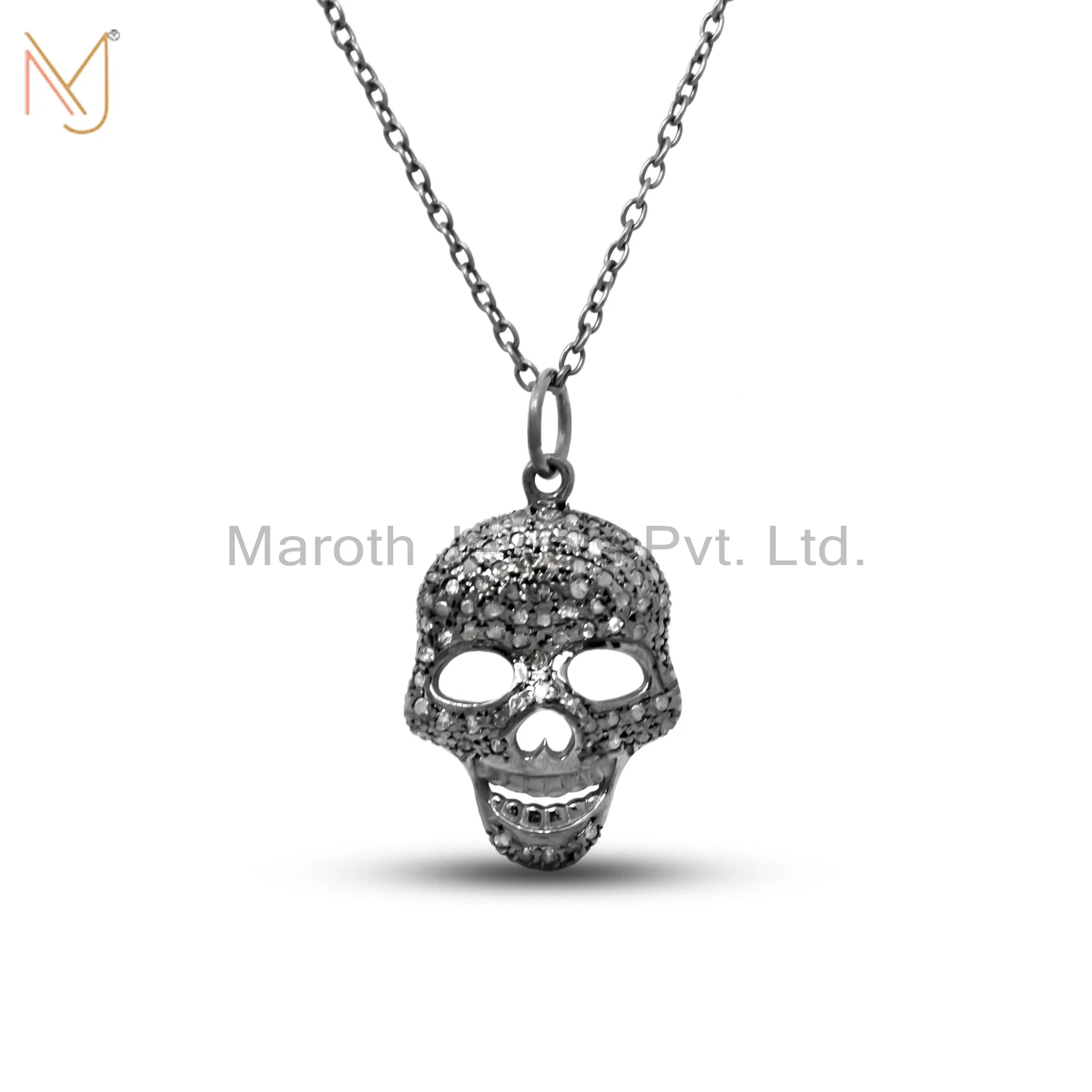 925 Silver Black Rhodium Diamond Skull Pendant Chain Necklace Set Jewelry Manufacturer