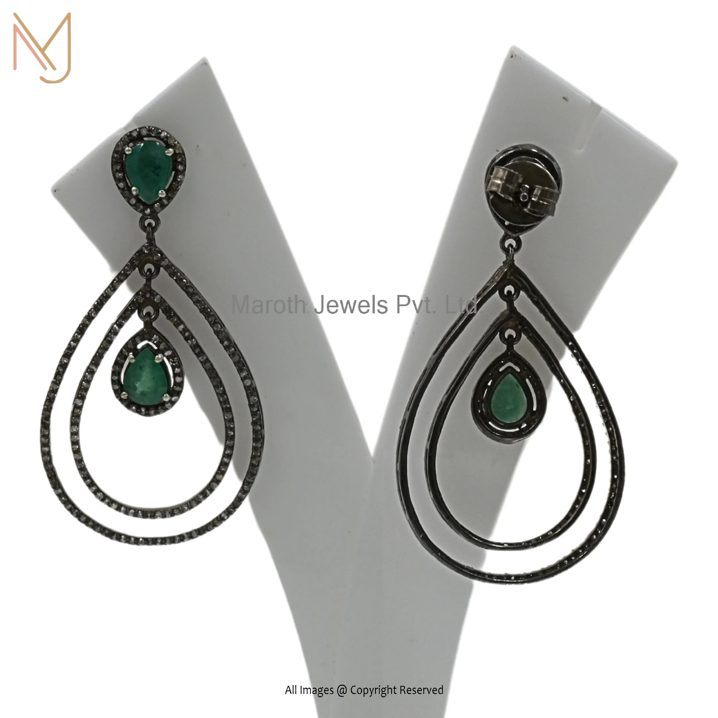 Wholesale 925 Sterling Silver Rhodium Drop Pave Diamond and Emerald Gemstone Designer Sparkling Earring