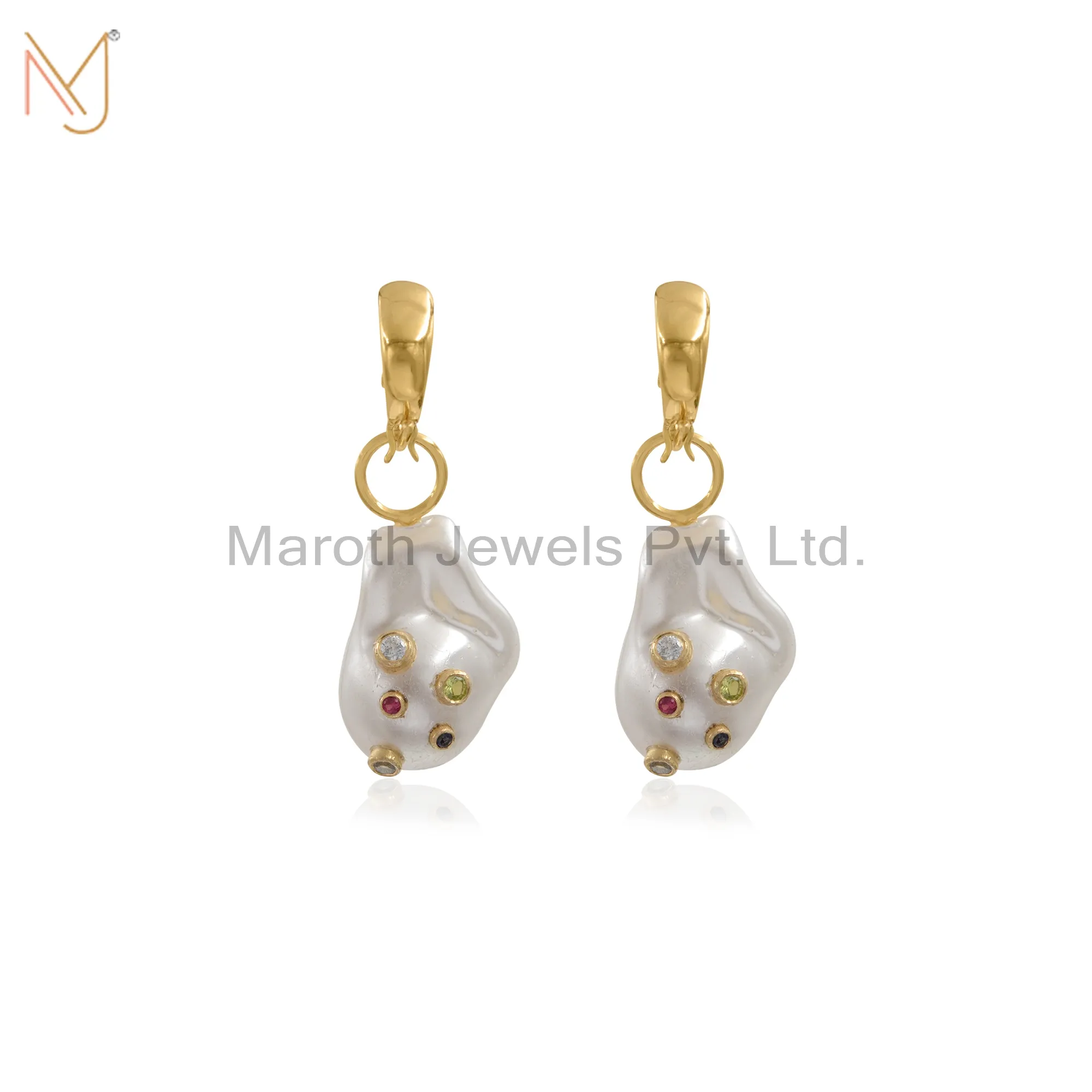 14K Yellow Gold Pearl and Multi Gemstone Baroque Earring Jewelry Supplier