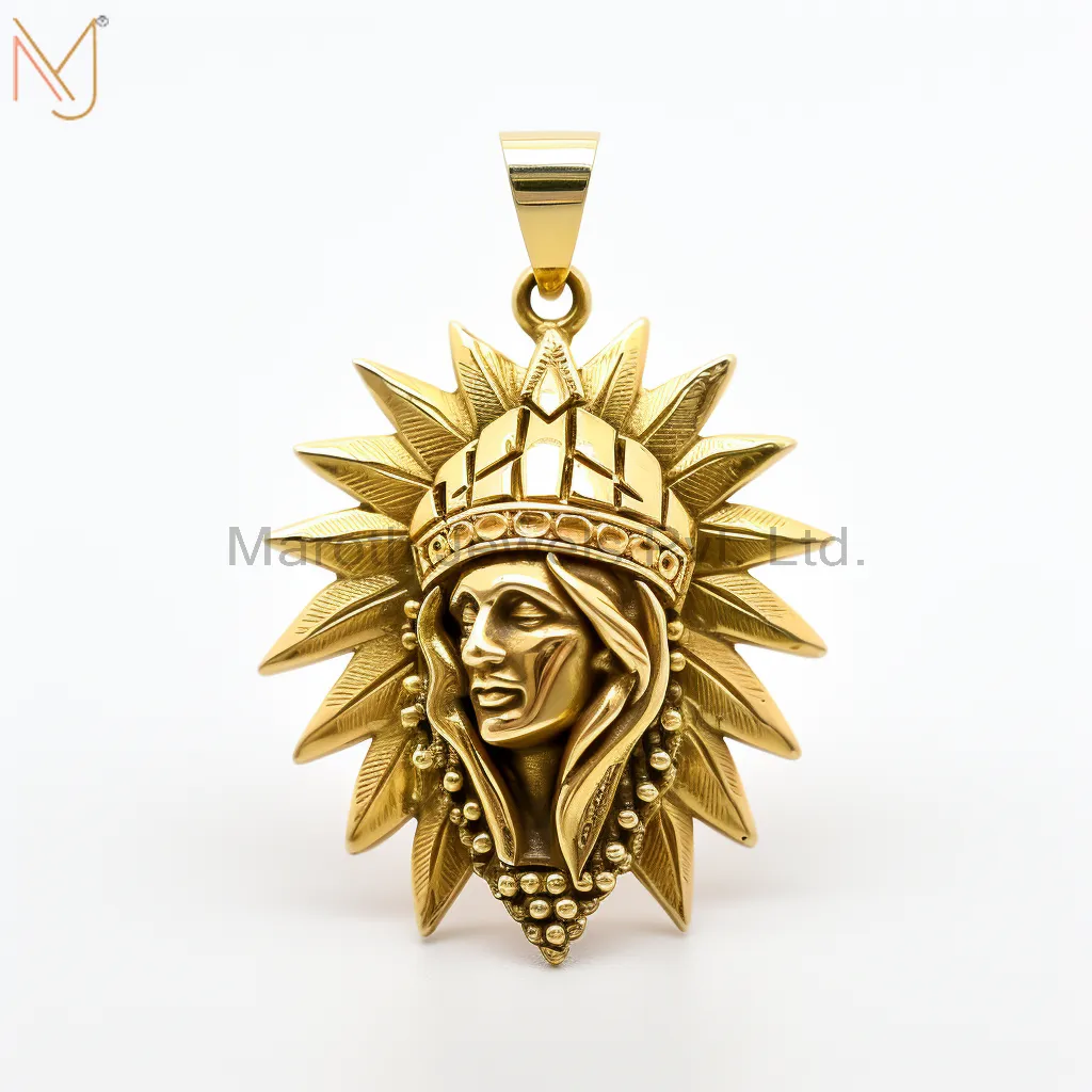 925 Sterling Silver Yellow Gold Plated Vintage Indian chief Head Pendant