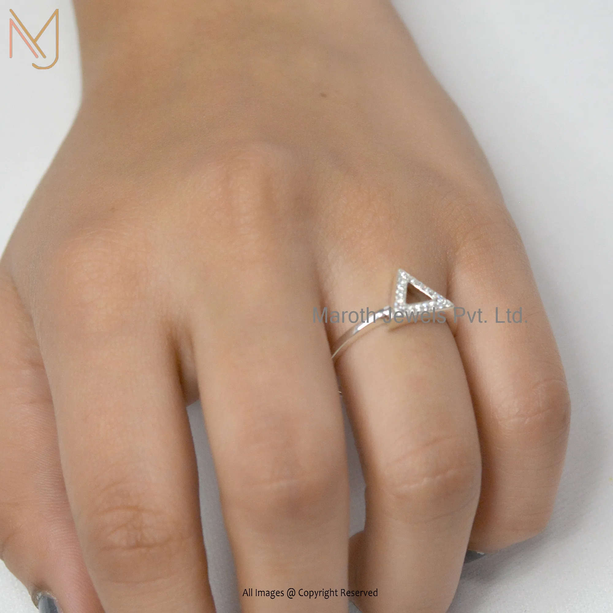 925 Silver Natural Silver Pave Diamond Open Triangle Ring Manufacturer