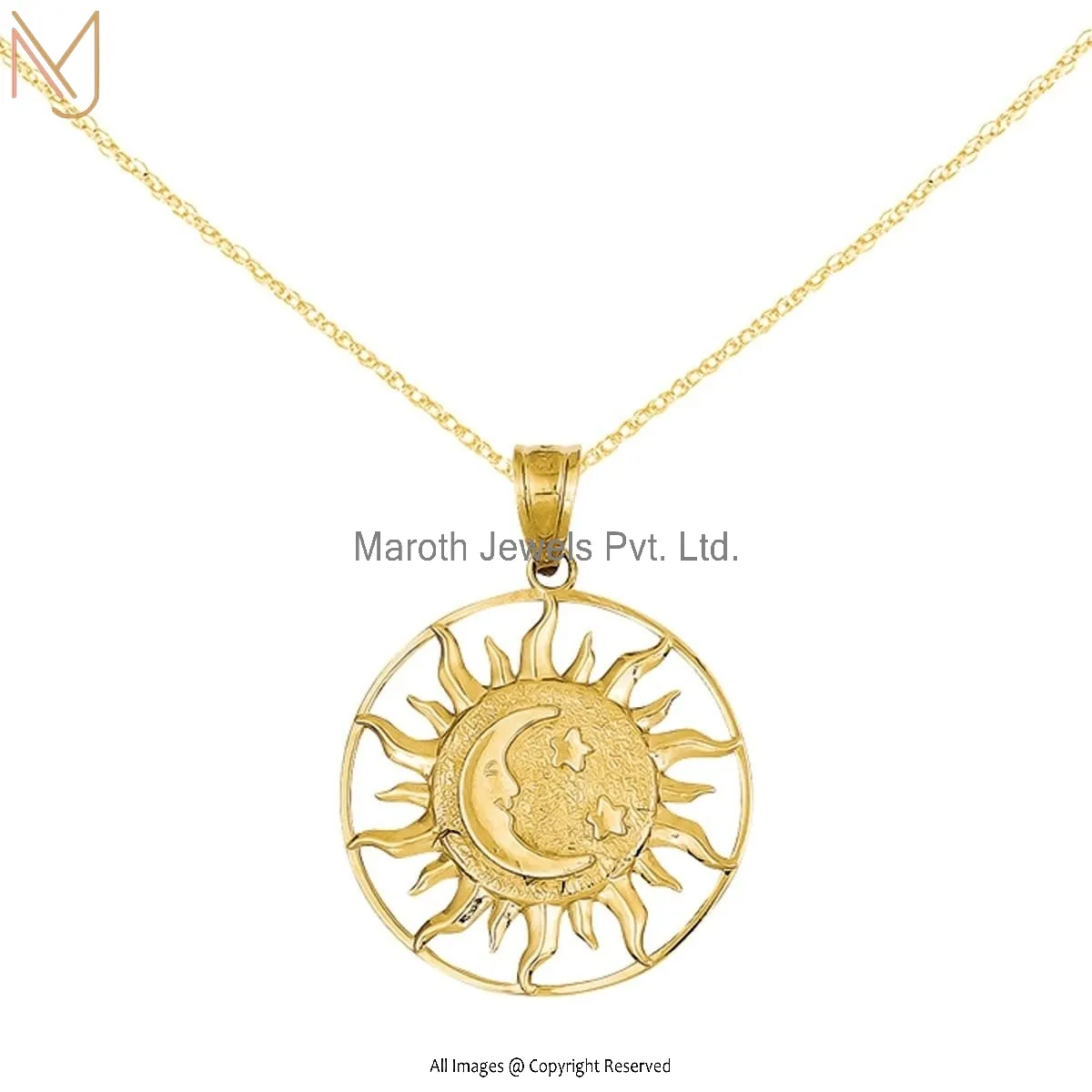 14K Yellow Gold Sun With Moon And Star Charm With Cable Rope Chain Jewelry Supplier