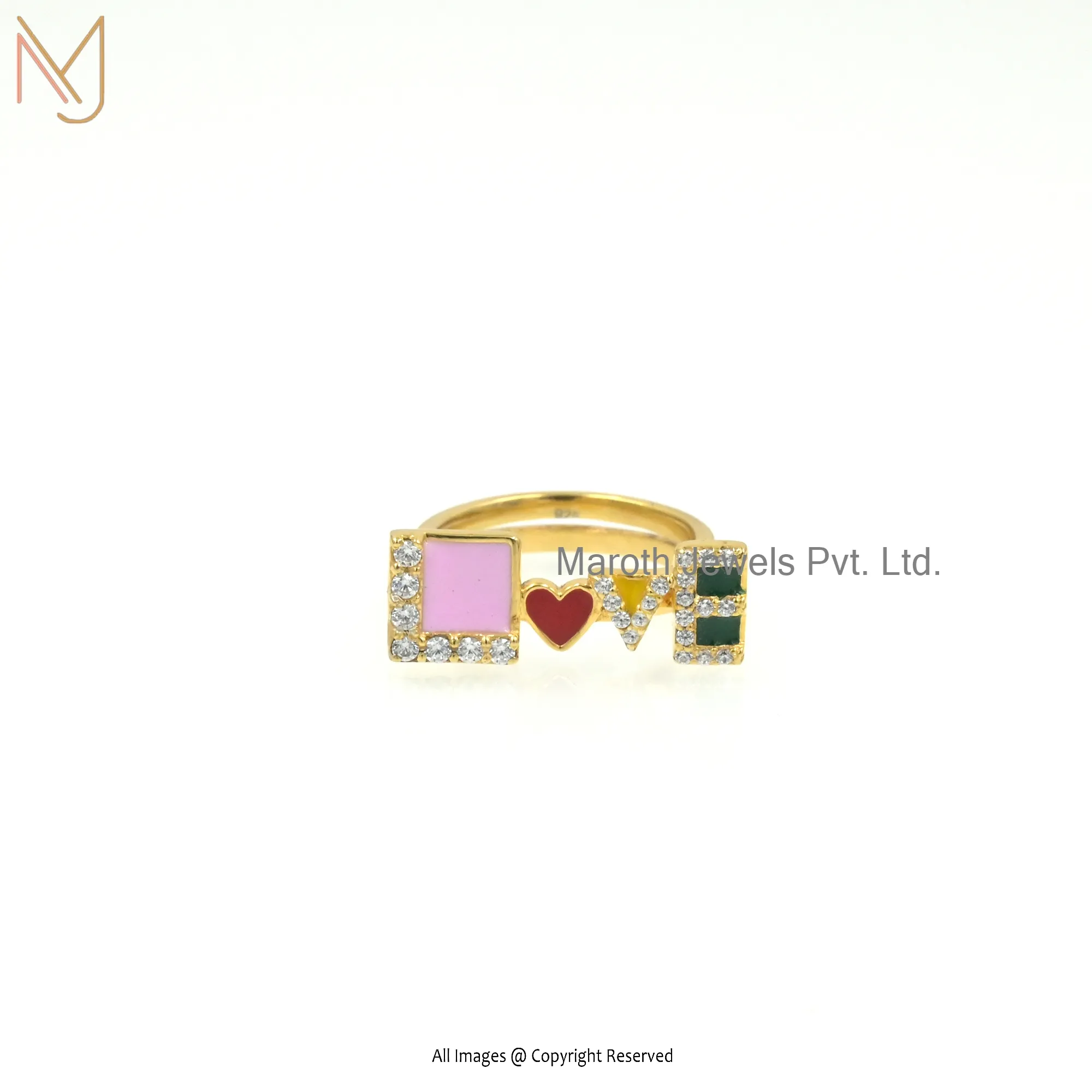 Wholesale 14K Yellow Gold White Cubic Zircon Pink Red Yellow Green Enamel Love Ring