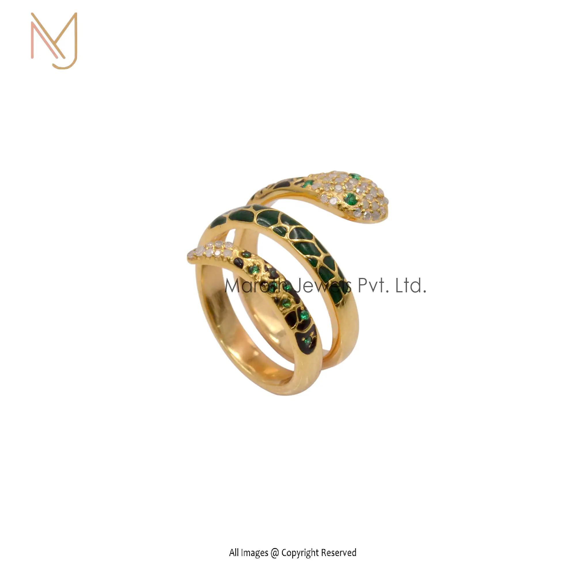 925 Silver Yellow Gold Diamond Emerald Green Enamel Snake Ring Manufacturer