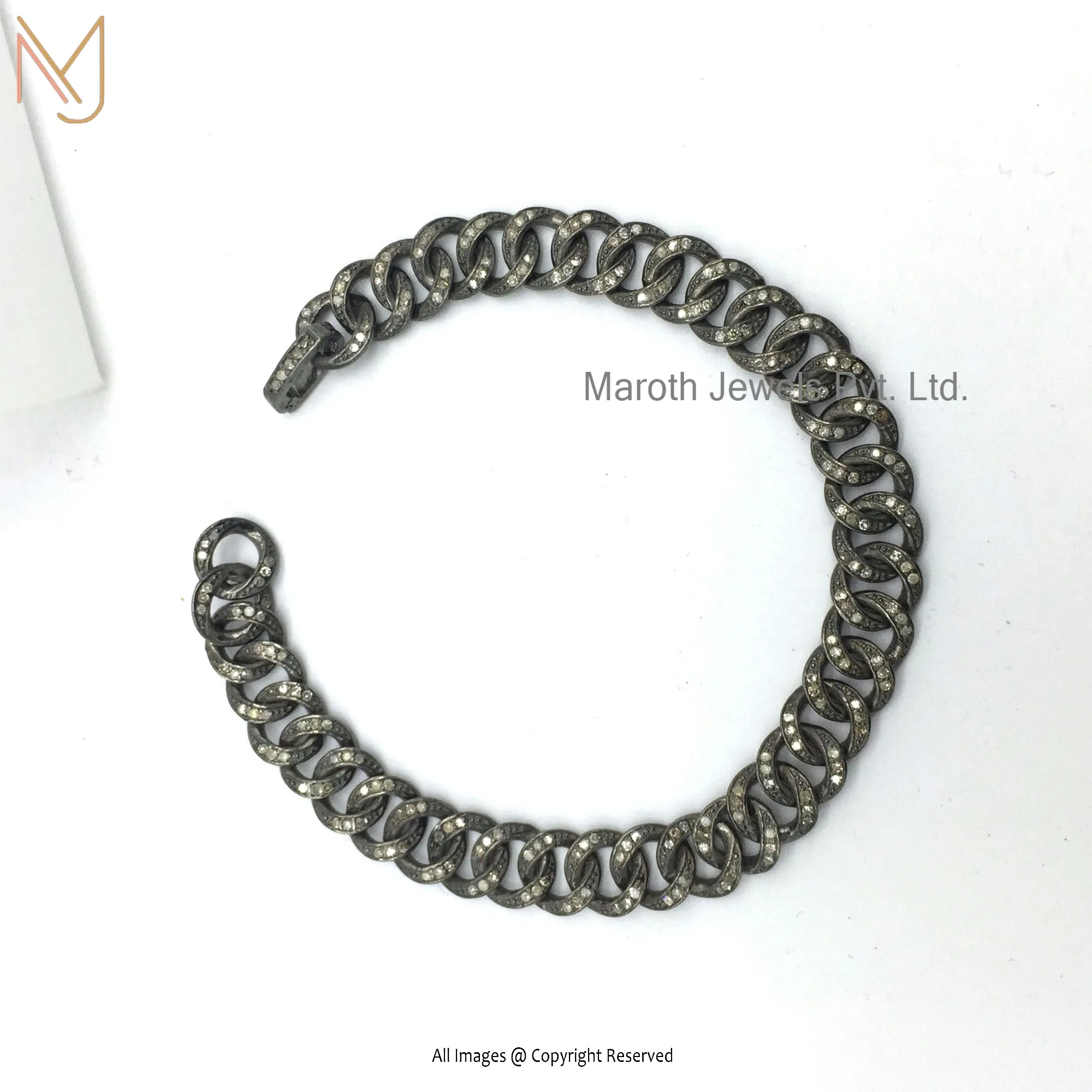 925 Sterling Silver Black Rhodium Pave Diamond Link Chain Bracelet Manufacturer