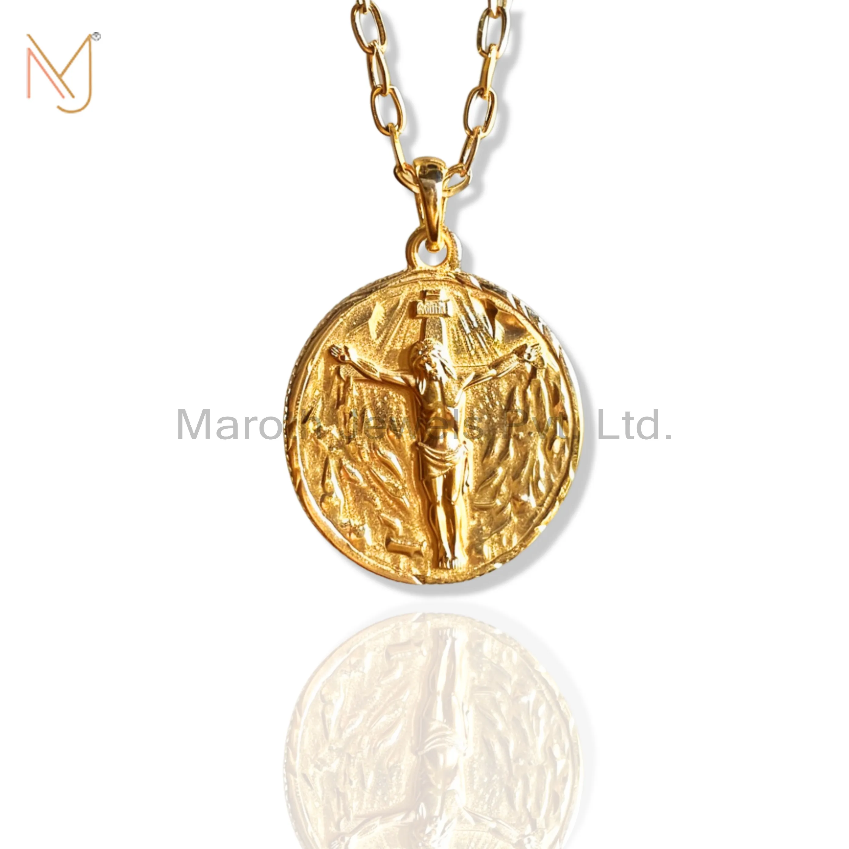 Private Label 14K Yellow Gold Jesus Crucifix Necklace Jewelry