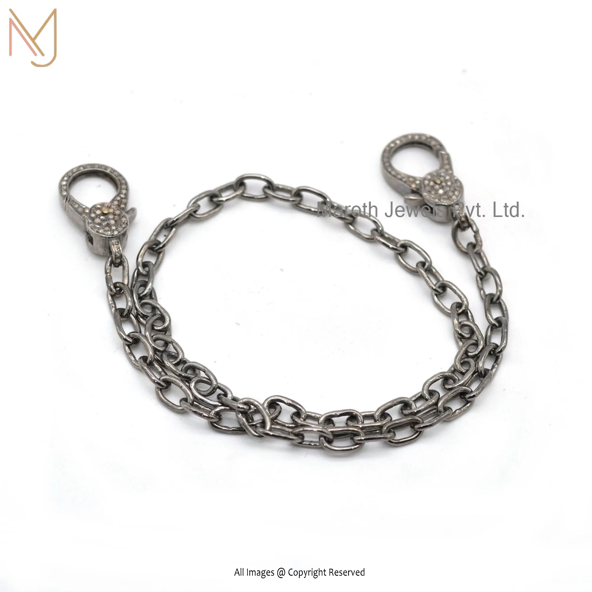 925 Silver Rhodium Pave Diamond Two Clasp Designer Curb Link Chain Bracelet USA