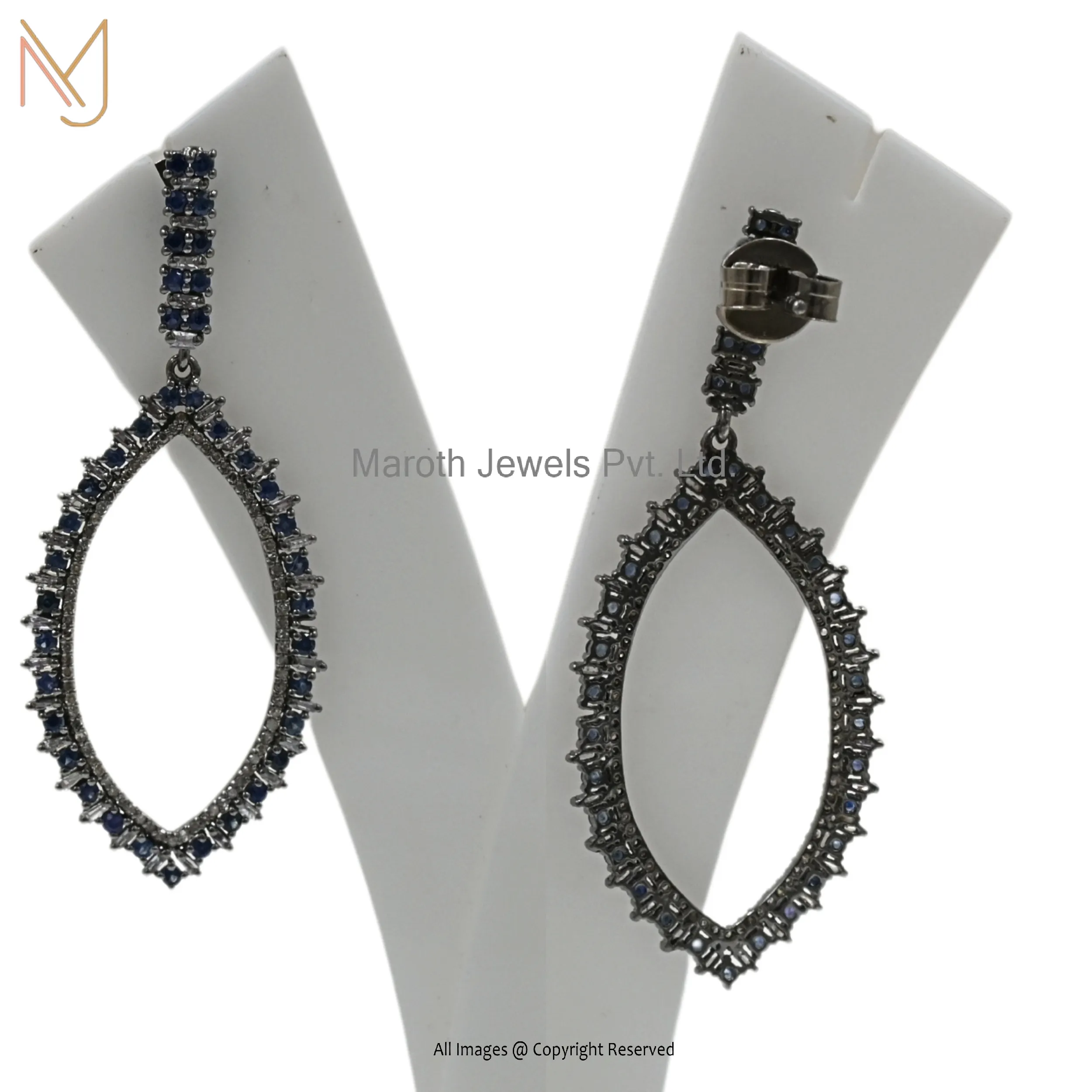 925 Silver Rhodium Blue Sapphire and Diamond Drop Earring Jeweliry Supplier