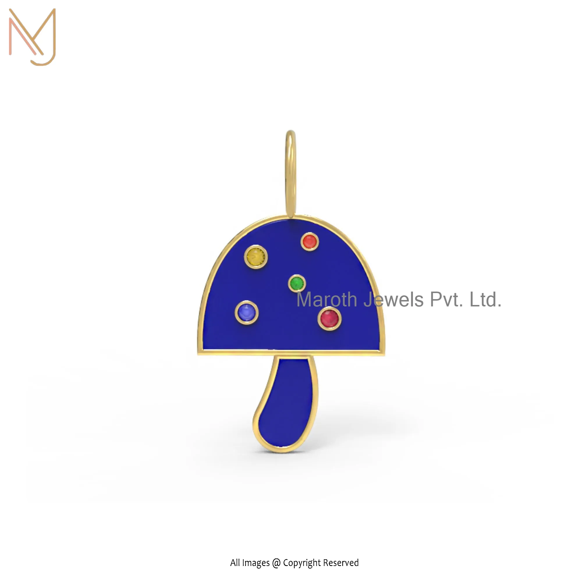 14K Yellow Gold Multi Sapphire Gemstone Blue Enamel Mushroom Pendant  Manufacturer