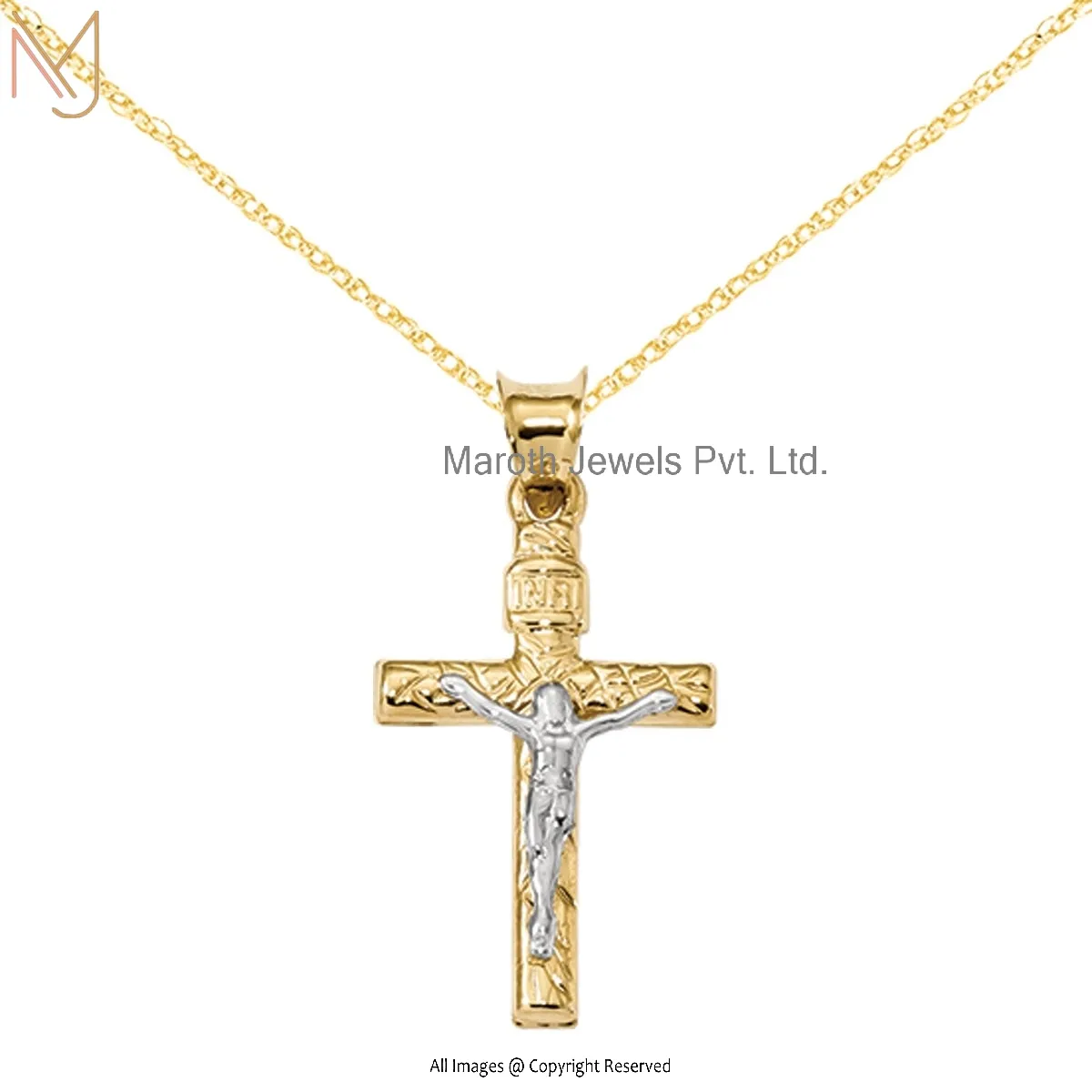 14K Yellow Gold Two-Tone Gold Polished Crucifix And Textured Pendant With Cable Rope Chain Necklace USA