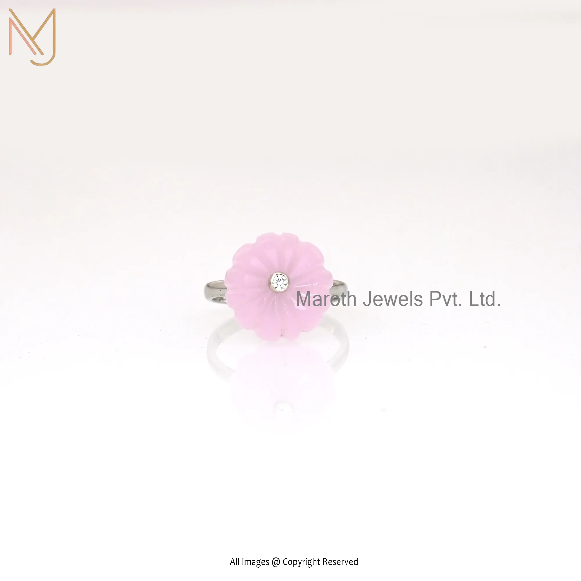 925 Silver White Gold Plated Rose Quartz and White Cubic Zircoina Ring Manufacturer