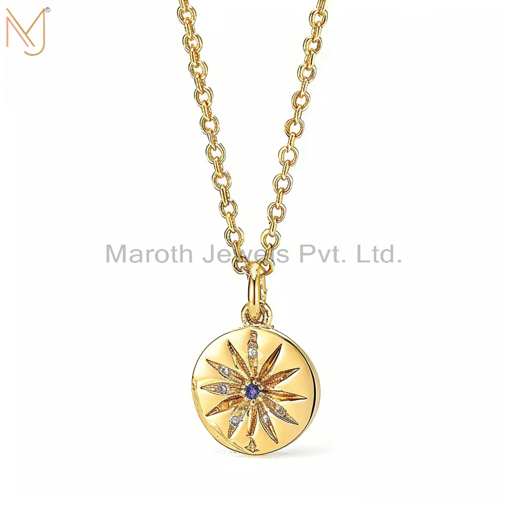 Wholesale 14K Yellow Gold Pruple CZ and Moissanite Round Shape Necklace