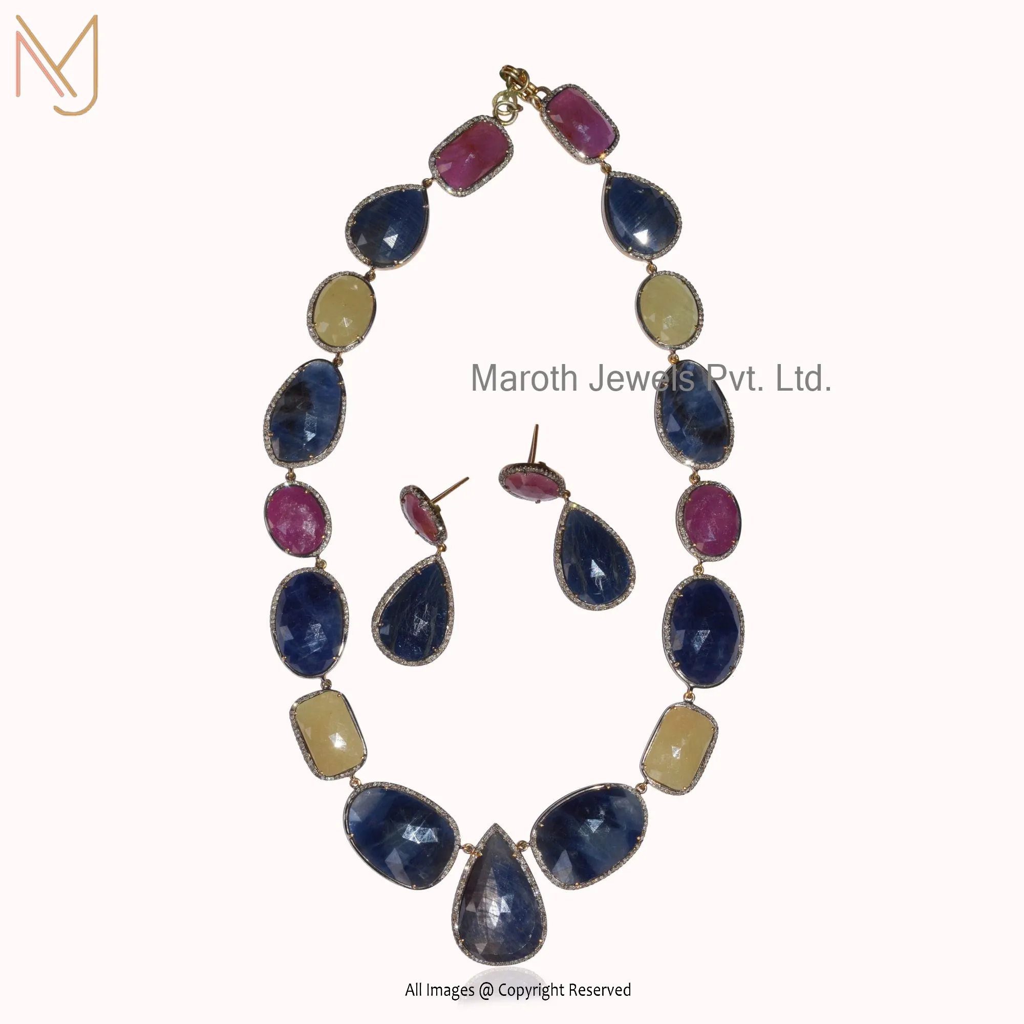 925 Silver Yellow Gold RH Multi Sapphire & Diamond Earrings Necklace Set Jewelry Supplier