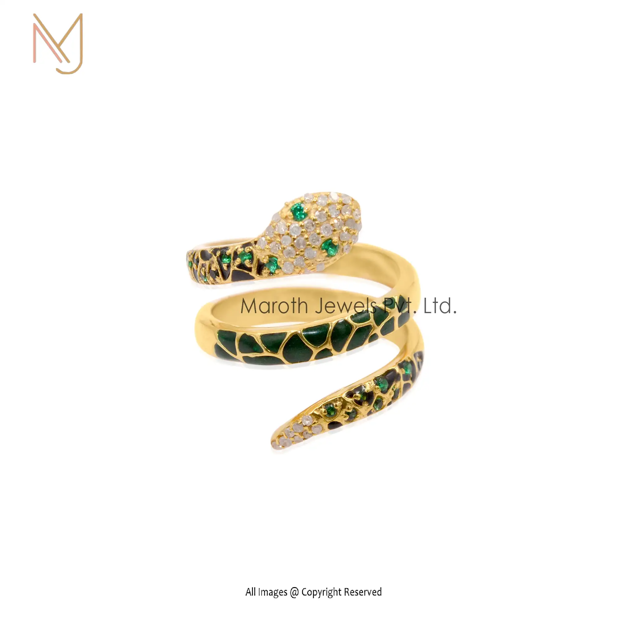 14K Yellow Gold Diamond Emerald Green Enamel Snake Ring Manufacturer