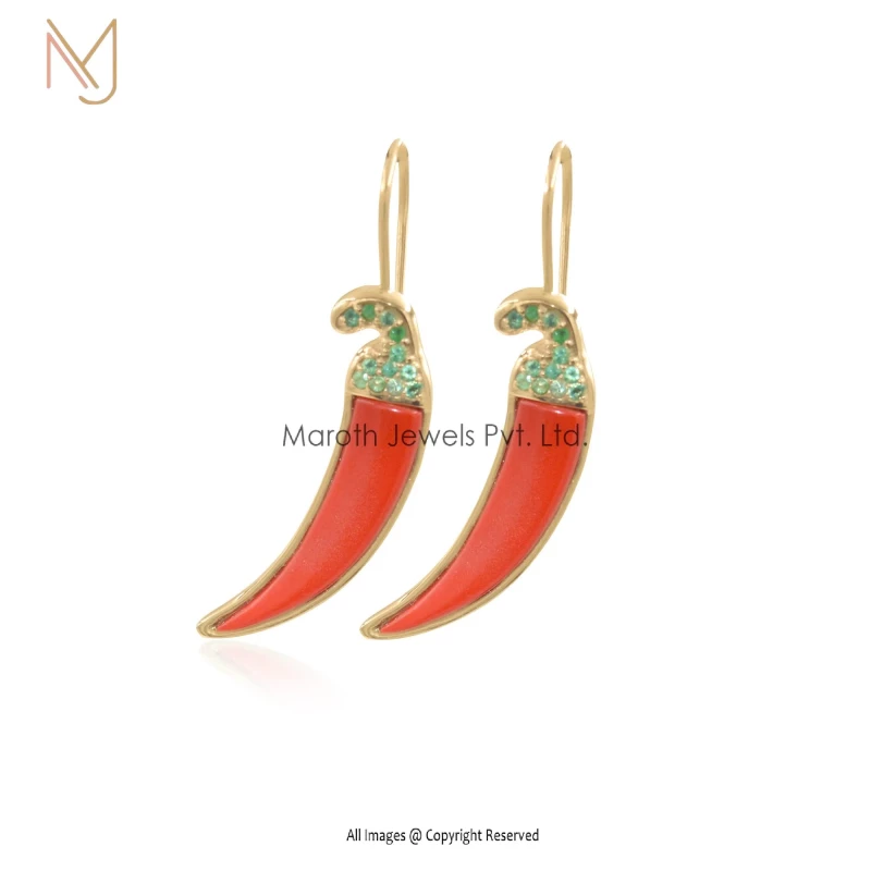 925 Silver Yellow Gold Coral & Emerald Chili Earrings Manufacturer