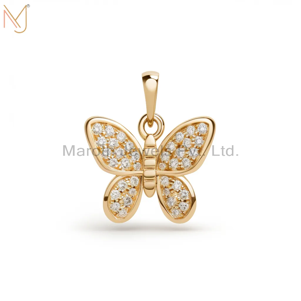 925 Sterling Silver Yellow Gold Plated Moissanite Butterflly Charm Pendant Custom Jewelry