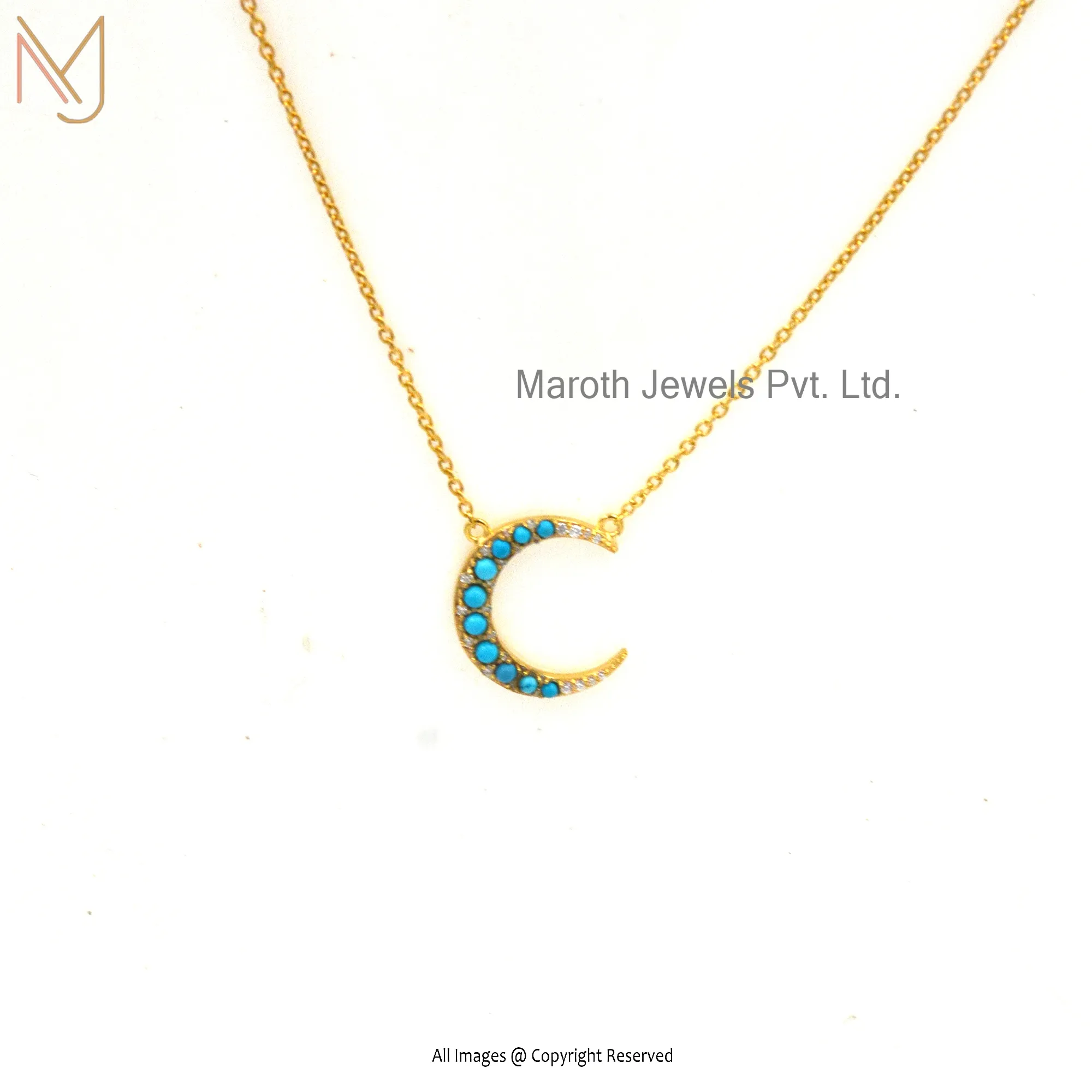 14K Yellow Gold Turquoise & Moissanite Half Moon Necklace Manufacturer