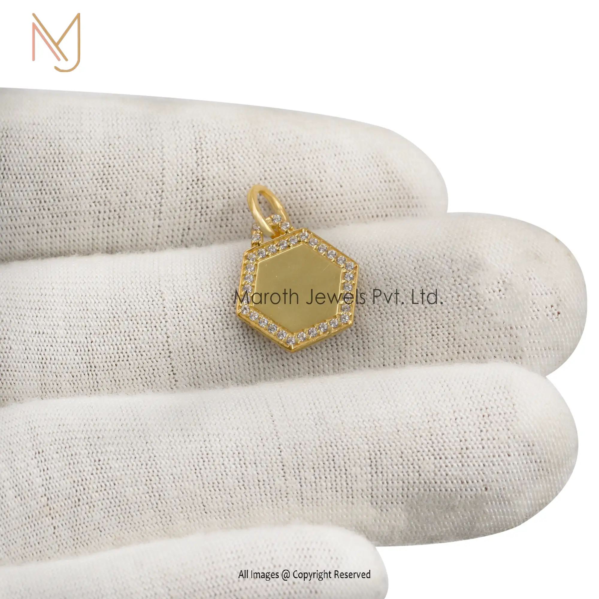 14K Yellow Gold Pave Diamond Hexagon Pendant Jewelry Supplier