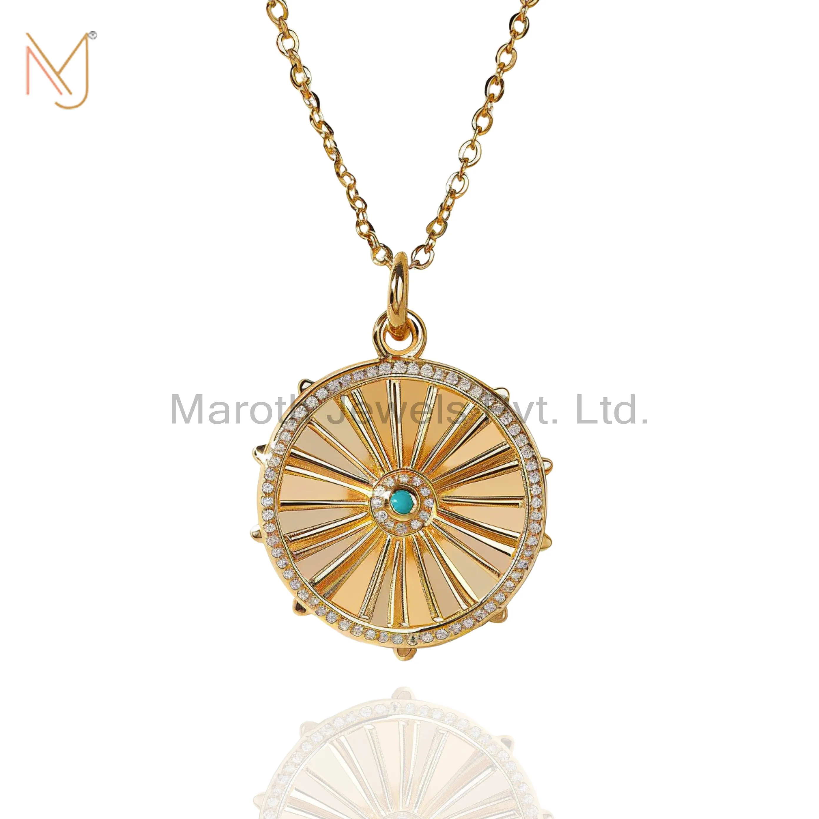 14K Yellow Gold Turqouise and Moissanite Starburst Pendant Necklace USA