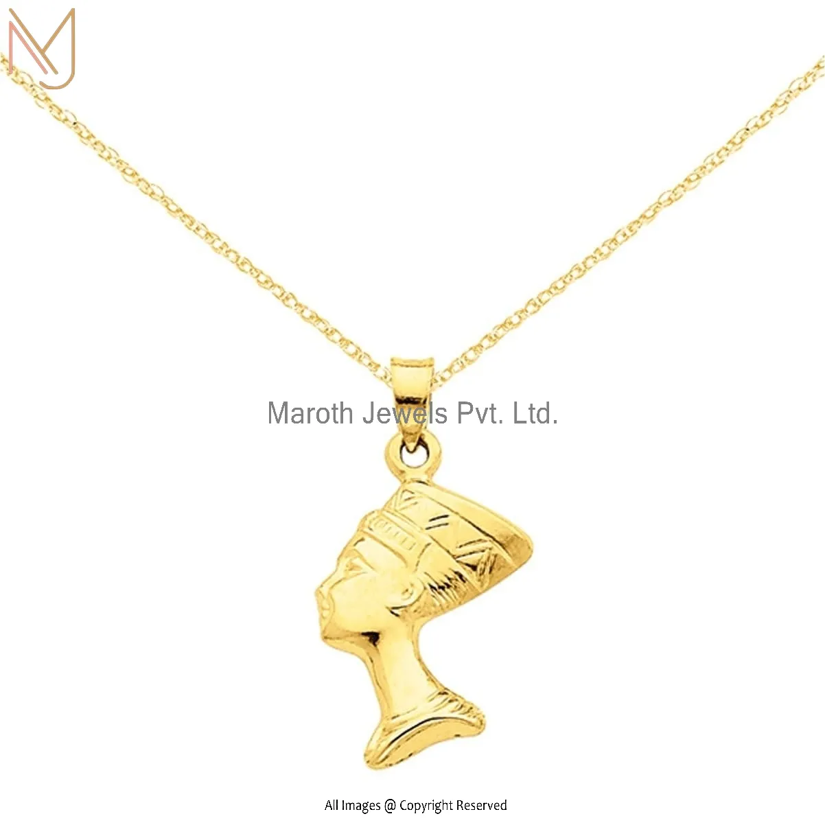 14K Yellow Gold 3-D Nefertiti Pendant With Cable Rope Chain Neaklase Manufacturer