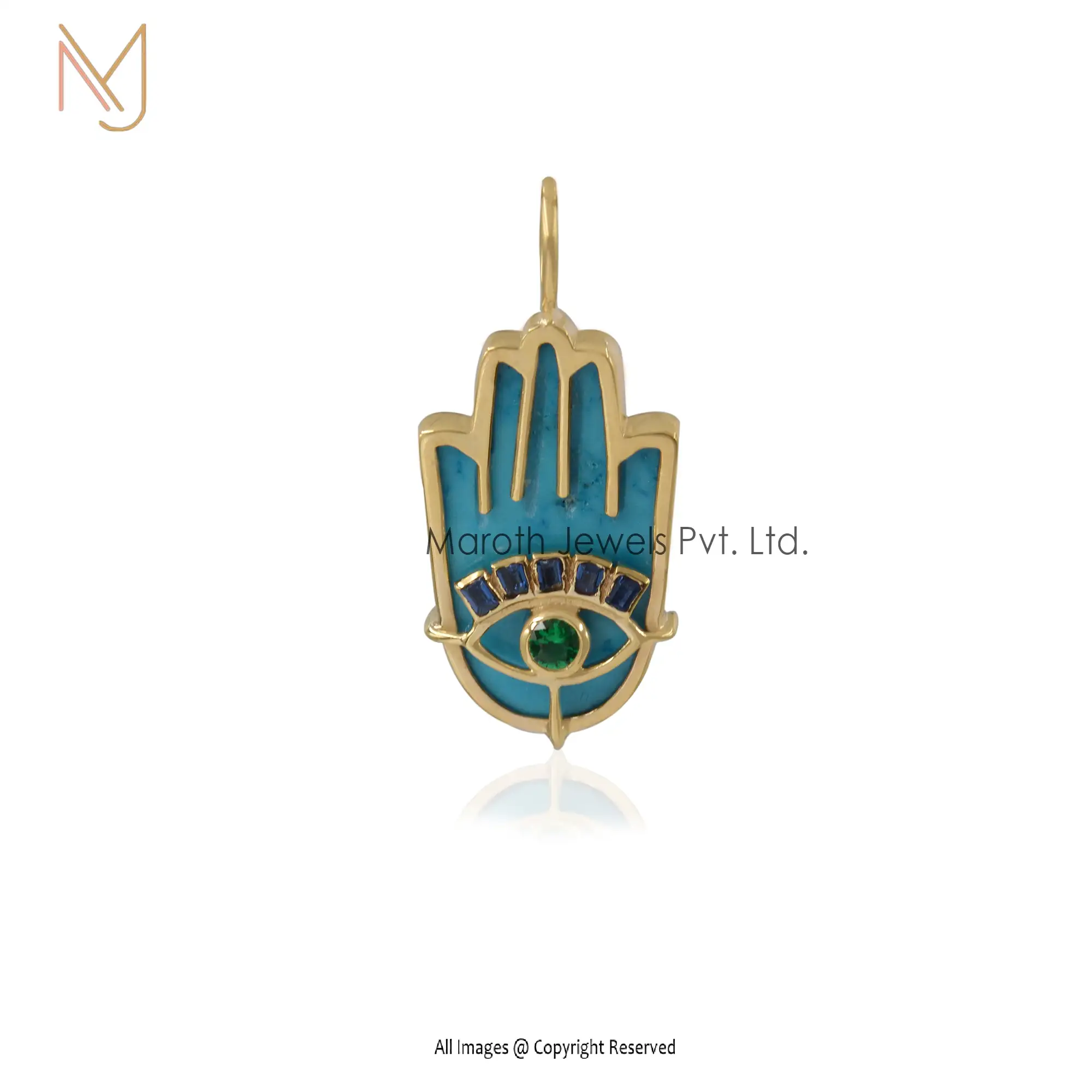 925 Silver Yellow Gold Turquoise & tsavorite & Blue Saphire Baguettes Hamsa Hand Pendant USA