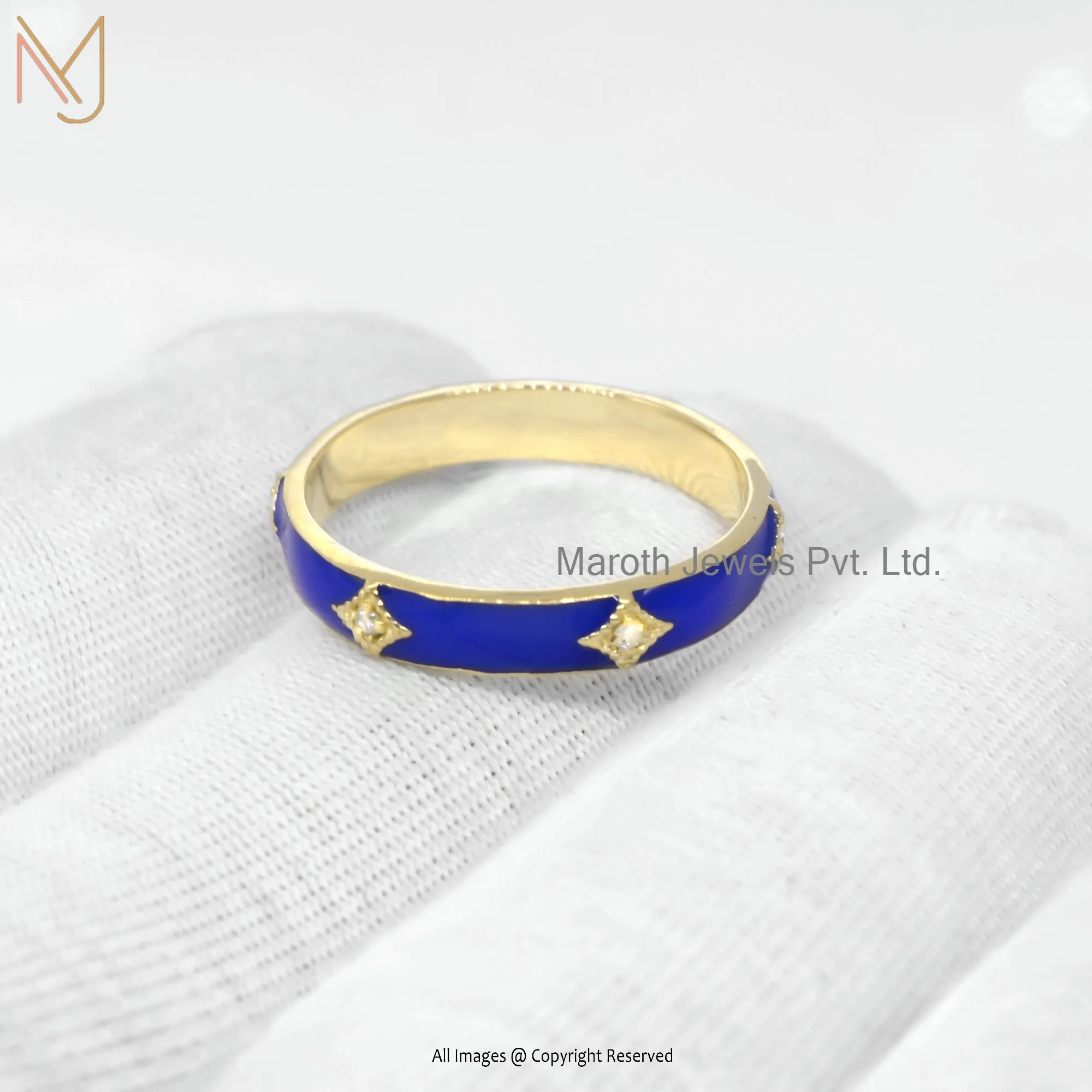 Wholesale 14K Yellow Gold Diamond Blue Enamel Ring Handmade Jewelry