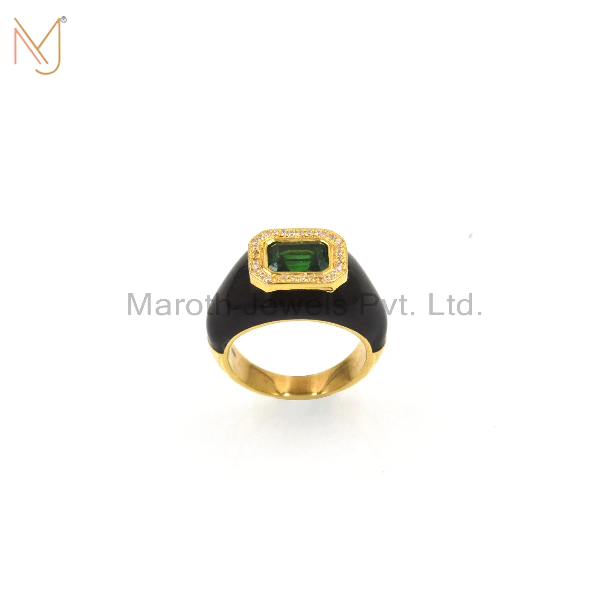 925 Silver Yellow Gold Baguette CZ Ring Black Enamel Band Ring Manufacturer