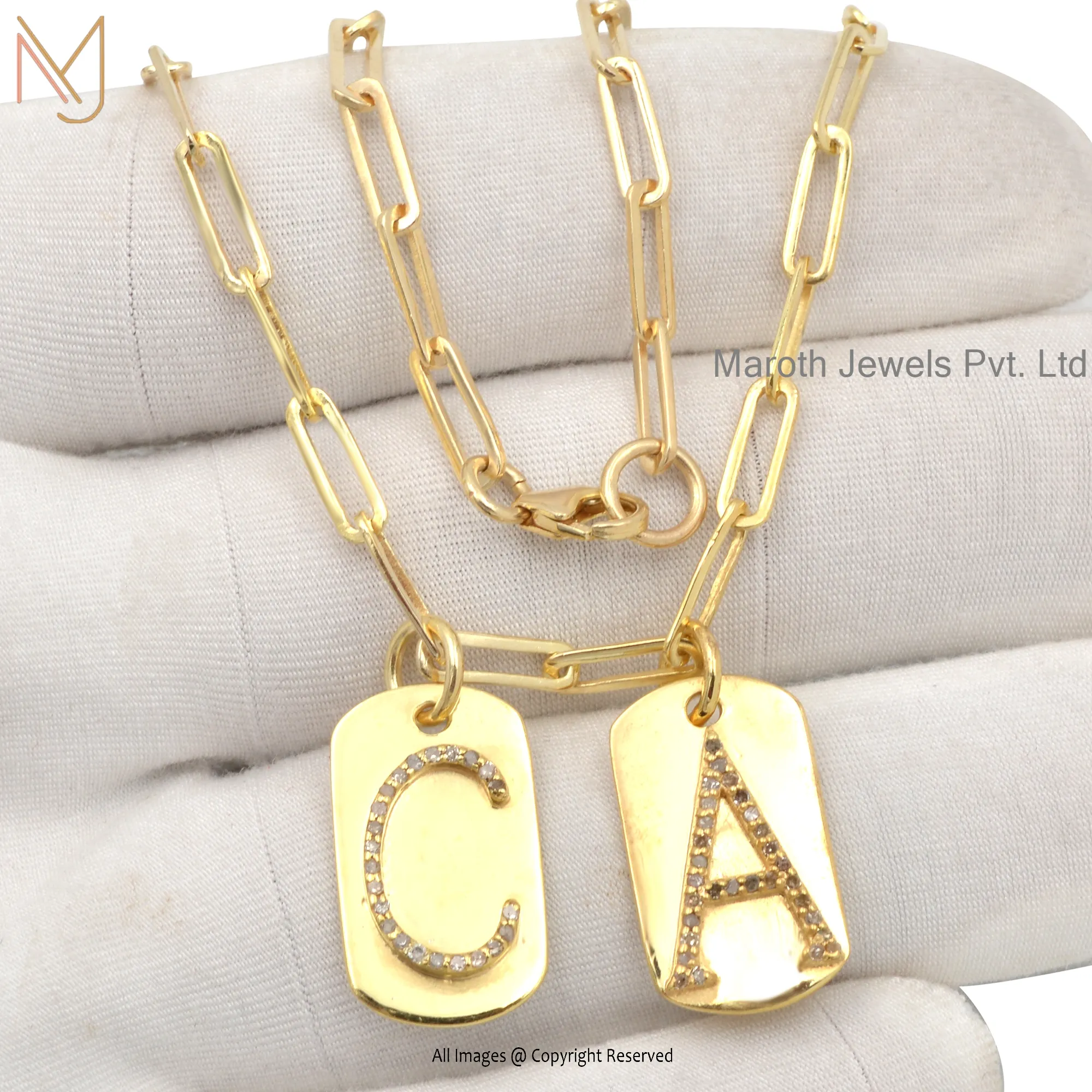 925 Silver Gold Plated 2 Letter Dog Tag Pendant & Paperlip Chain With Finding Necklace USA